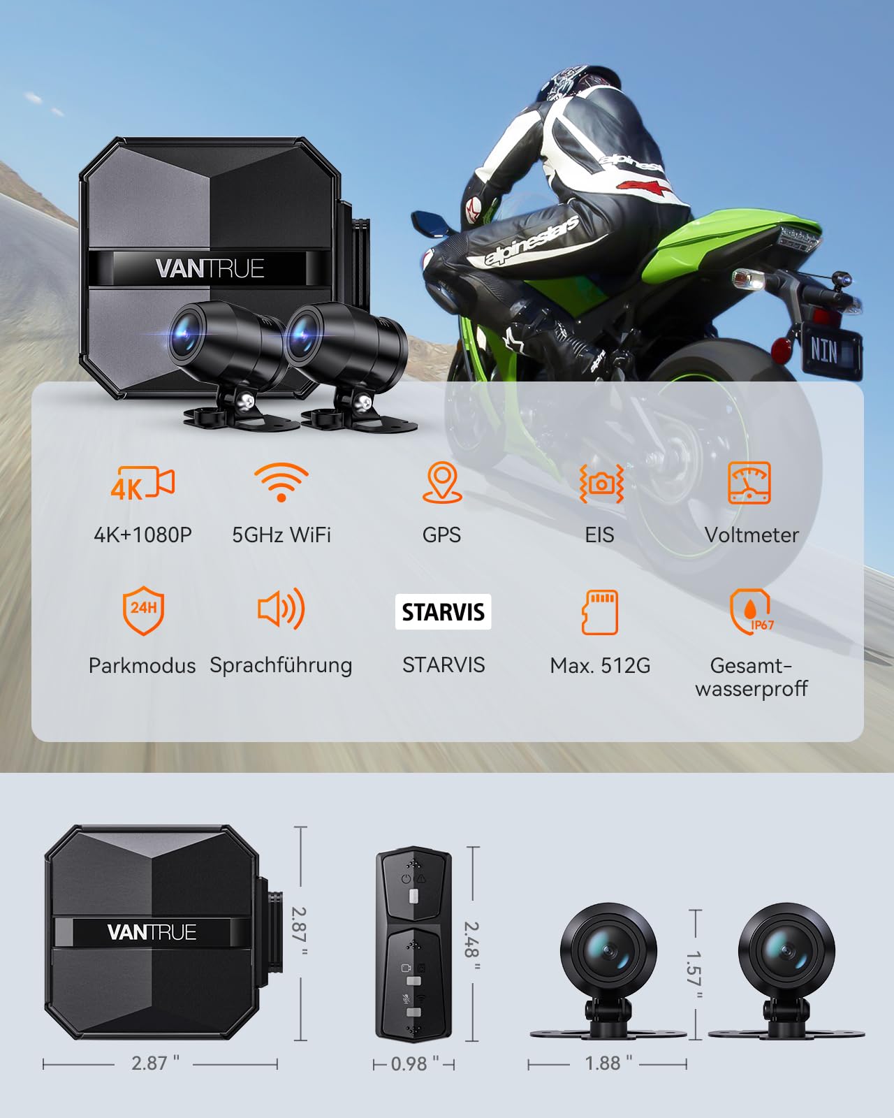 VANTRUE F1 4K+1080P Telecamera Moto Impermeabile IP67, 5GHz WiFi GPS Dash Cam Moto, Avvisi Vocali, 24H Rilevamento Collisione，Statistiche Chilometriche，WDR & HDR & APP, 300° Max 512G