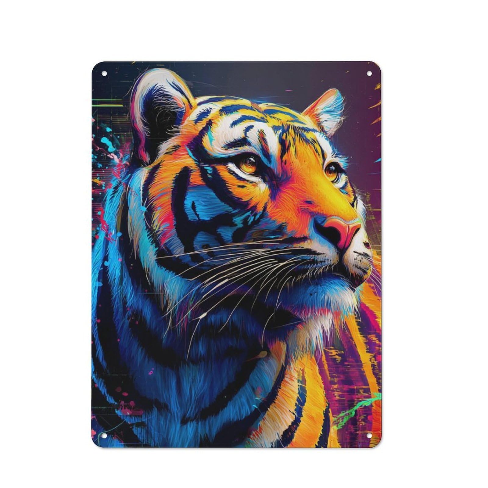 Rustic Tin Wall Sign 40x30cm Featuring Colorful Tiger Portrait -6, Bistro Wall Plaque for Restaurant, Kitchen, Counter Or Breakfast Nook
