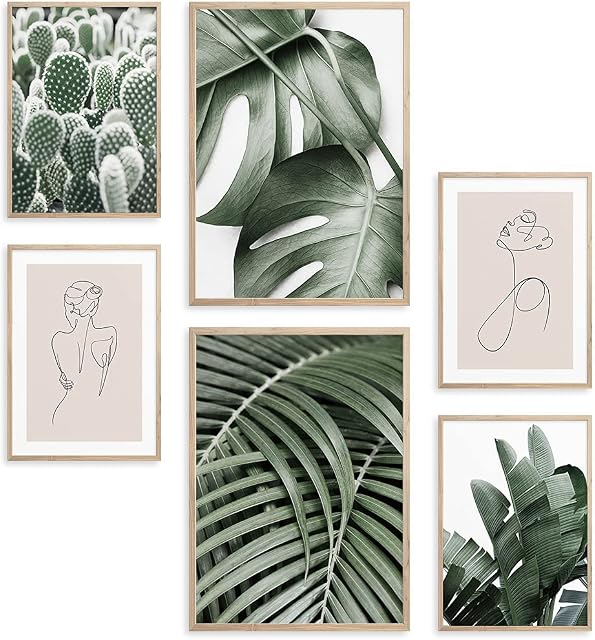 Sage Green Botanical Wall Art Prints Plant Poster Set of 6 Minimalist Tropical Leaf Inspirational Wall Decor for Bathroom(A3x2 & A4x4 UNFRAMED)