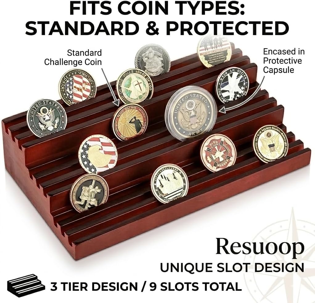 Challenge Coin Display Stand - Where Every Coin Tells A Story - Solid Wood Military Coin Rack | 9-Row Ladder Design Holds 45-60 Coins | Desktop Holder for Army Police Firefighters (Walnut)