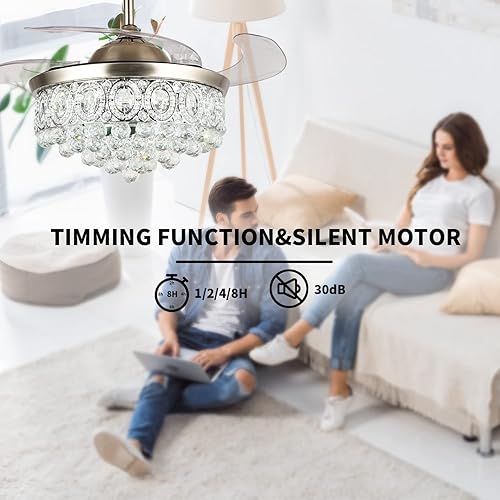 Miniatura 8 de MoreChange - Ventilador de techo de araña de cristal de 42 pulgadas con luces y cuchillas retráctiles de control remoto, moderno ventilador LED de