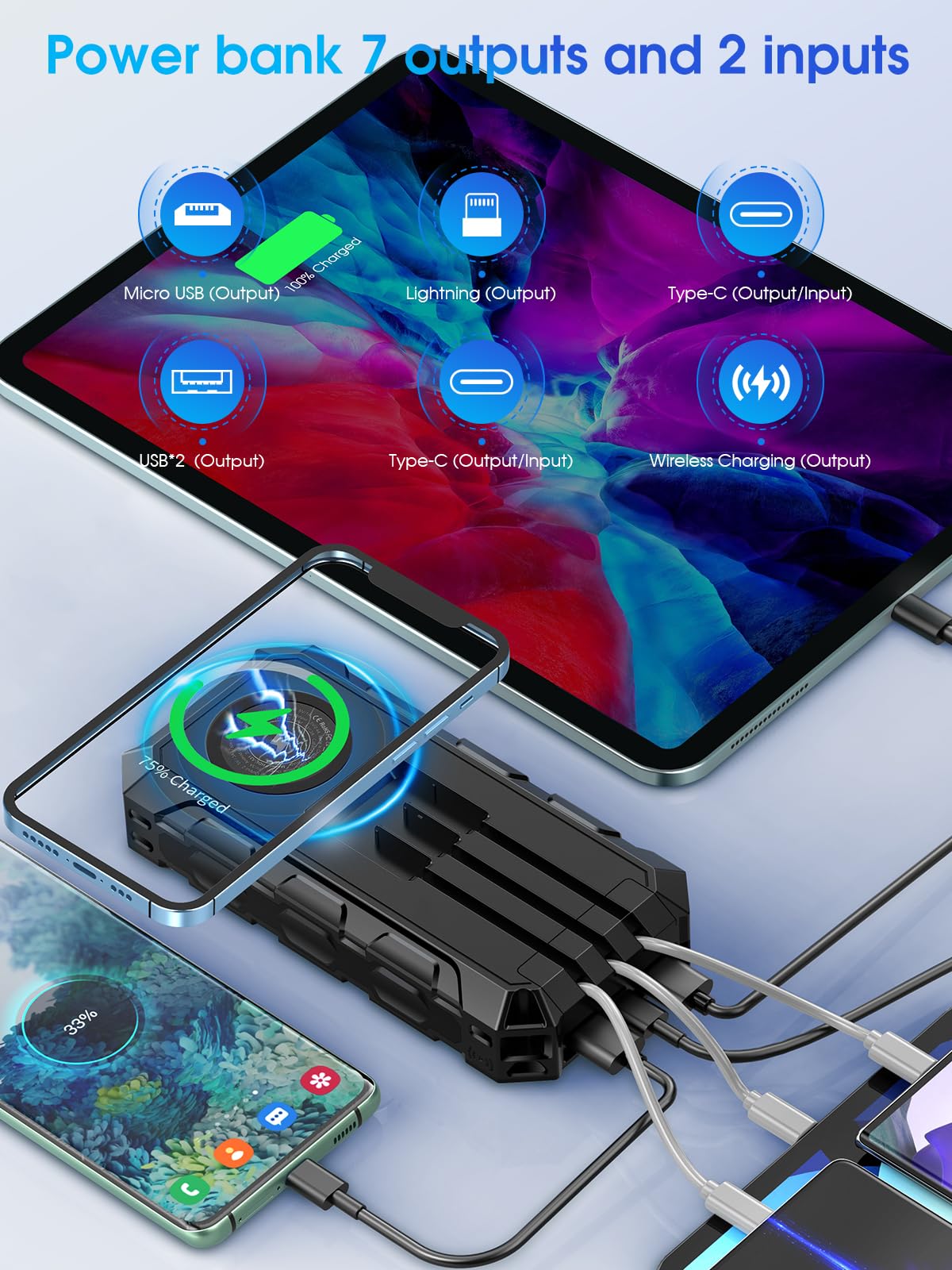 Power Bank 26800 mAh Powerbank Inalámbrico, Cargador Rápido Portátil con Cable Integrado, 7 Salidas/2 Entradas, Banco de Energía Solar con Linterna / Indicador LED, Batería Externa para Smartphones