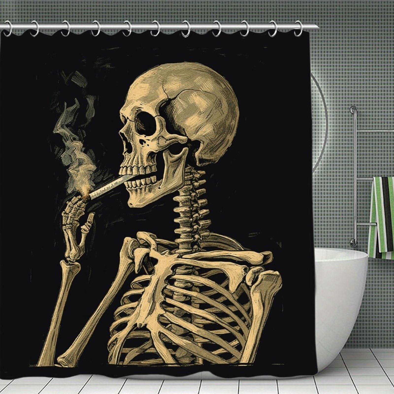VstaDank A Skeleton with Burning Cigarette Shower Curtain 71x71 Heavy Duty Polyester Cloth Bath Curtain with Hooks Thick Waterproof Shower Liner Fun Magic Decorative Bathroom Curtains for Bathtub