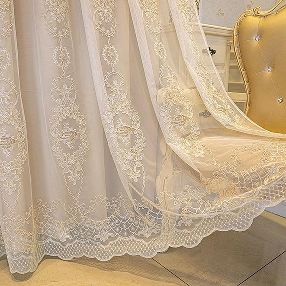 Amidoudou 1 Pair European Double Layer Curtains with Valances for Living Room Bedroom 3D Flower Embroidered Curtains (Beige,63x90 Inch)