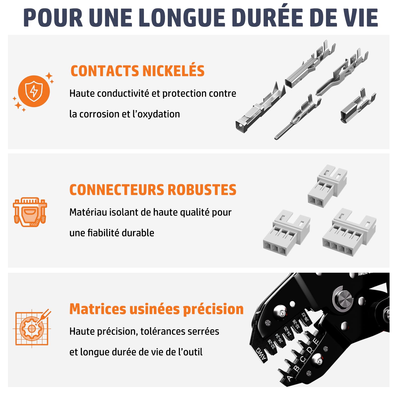 PEBA Kit de micro connecteurs avec pince à sertir à cliquet - Micro-Fit 3.0, Dupont 2,54 mm et JST-PH/XH/SM/SYP, 45 types de connecteurs, 0,03-1,5 mm² avec pince à dénuder
