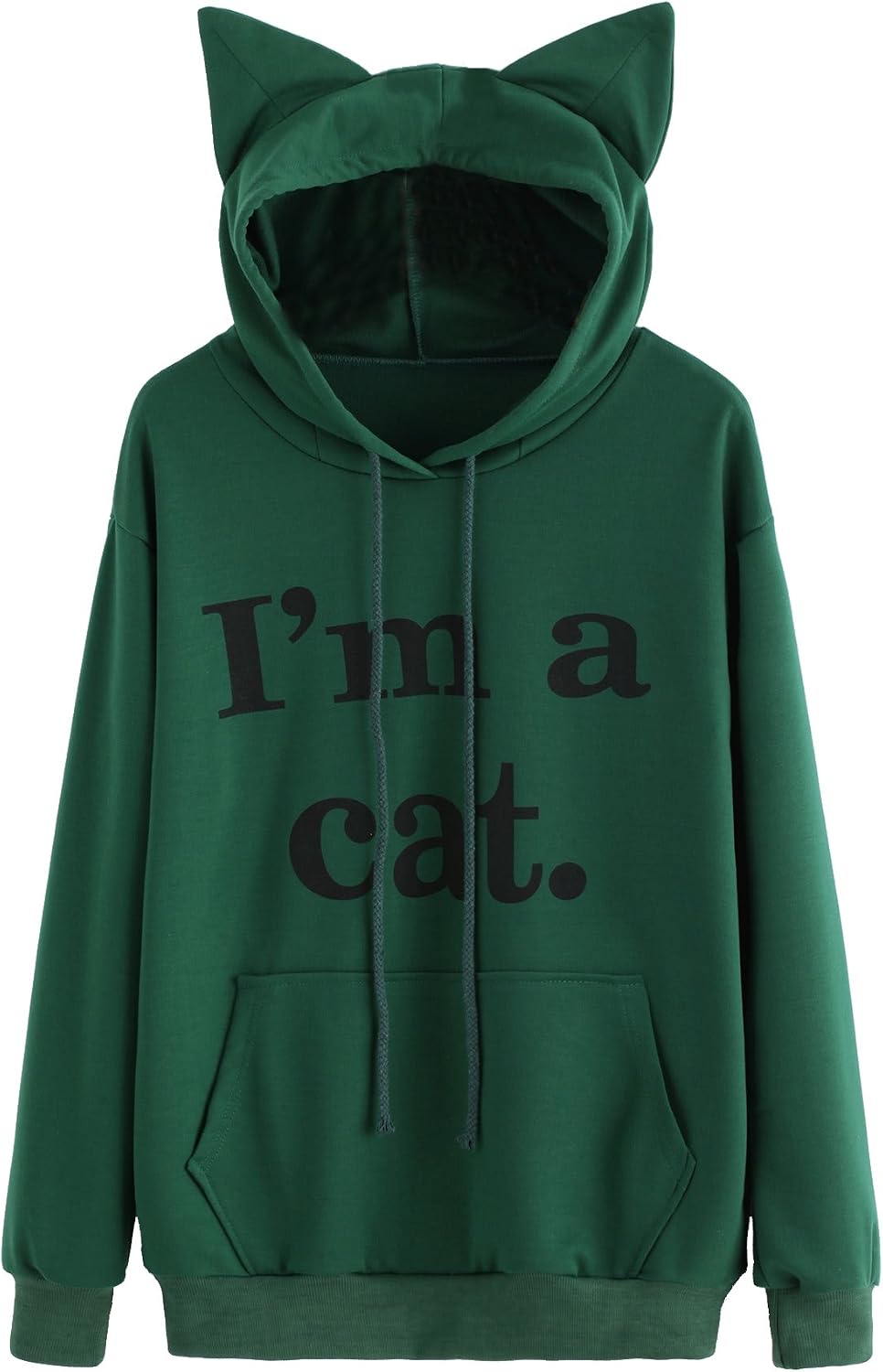 Romwe Women's Long Sleeve Kangaroo Pockets Slogan Letter Print Cute Cat Ear Pullover Hoodie Green L