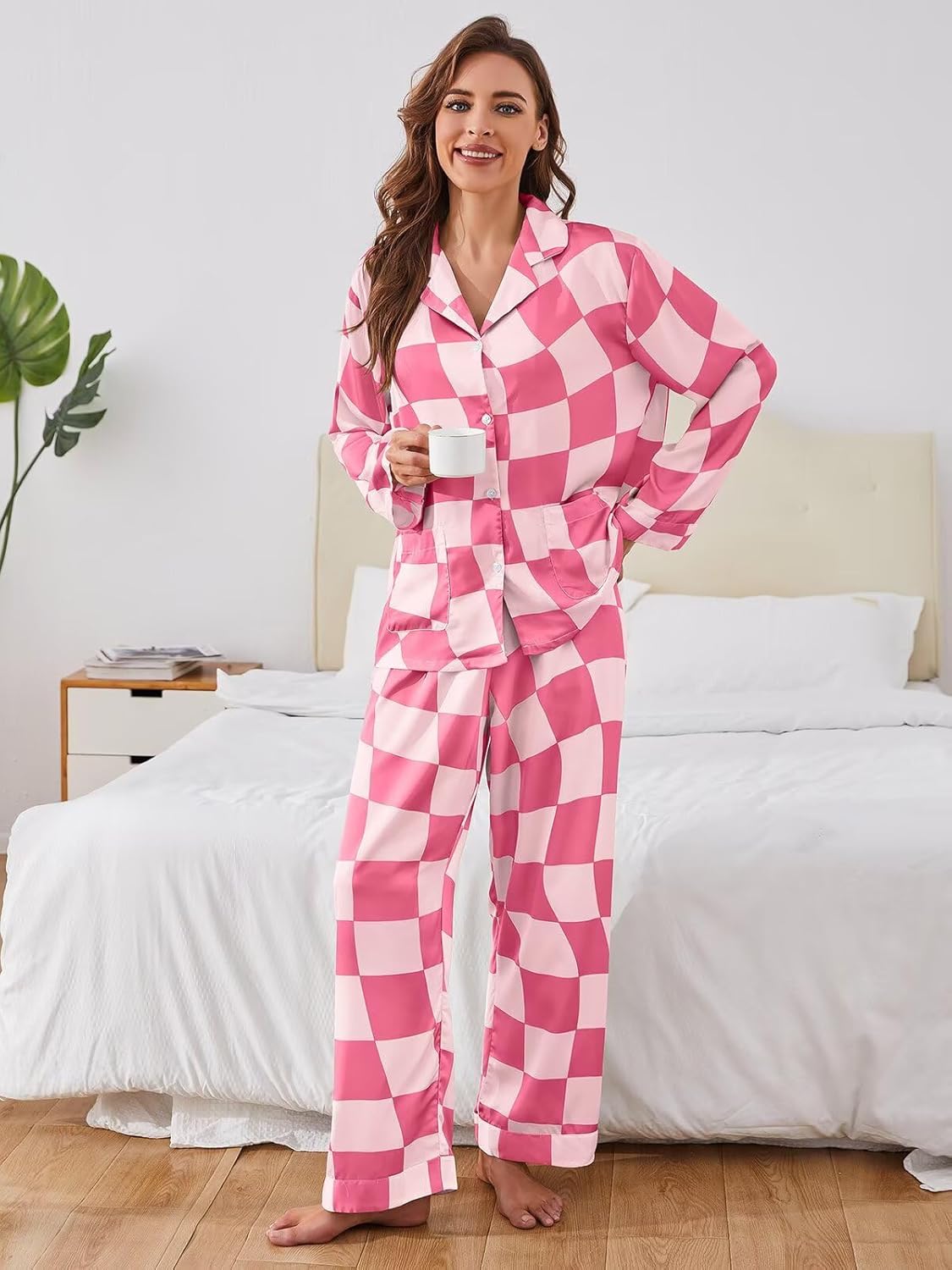 Brosloth Womens Silk Pajamas Button Up Pajama Soft Long Sleeve Satin Printed Loungewear Set - Image 2