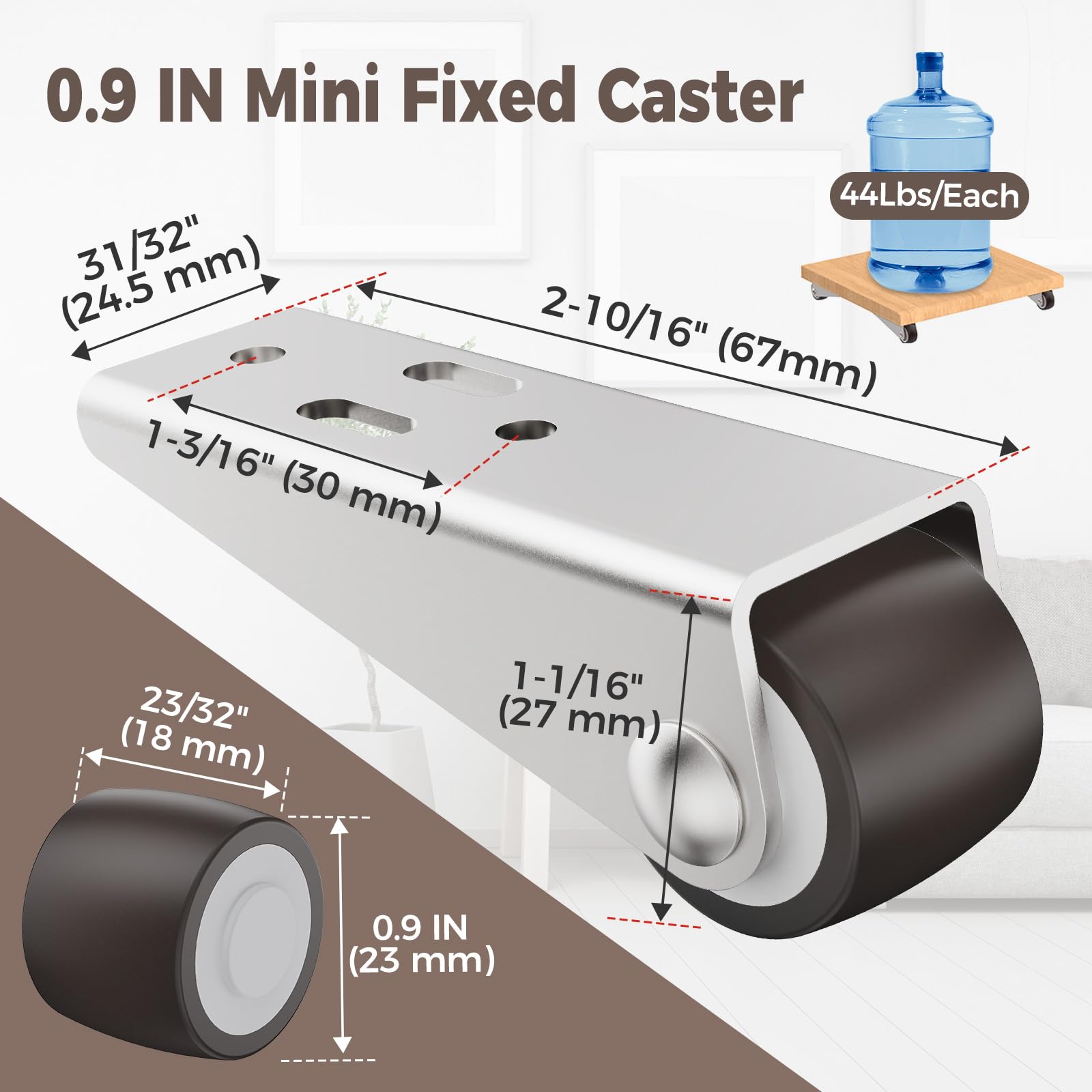 4-Pack Mini Fixed Casters, 1 Inch Low Profile Wheels With TPE Rubber, For Furniture, Carts, Cabinets (Load 105 Lbs)