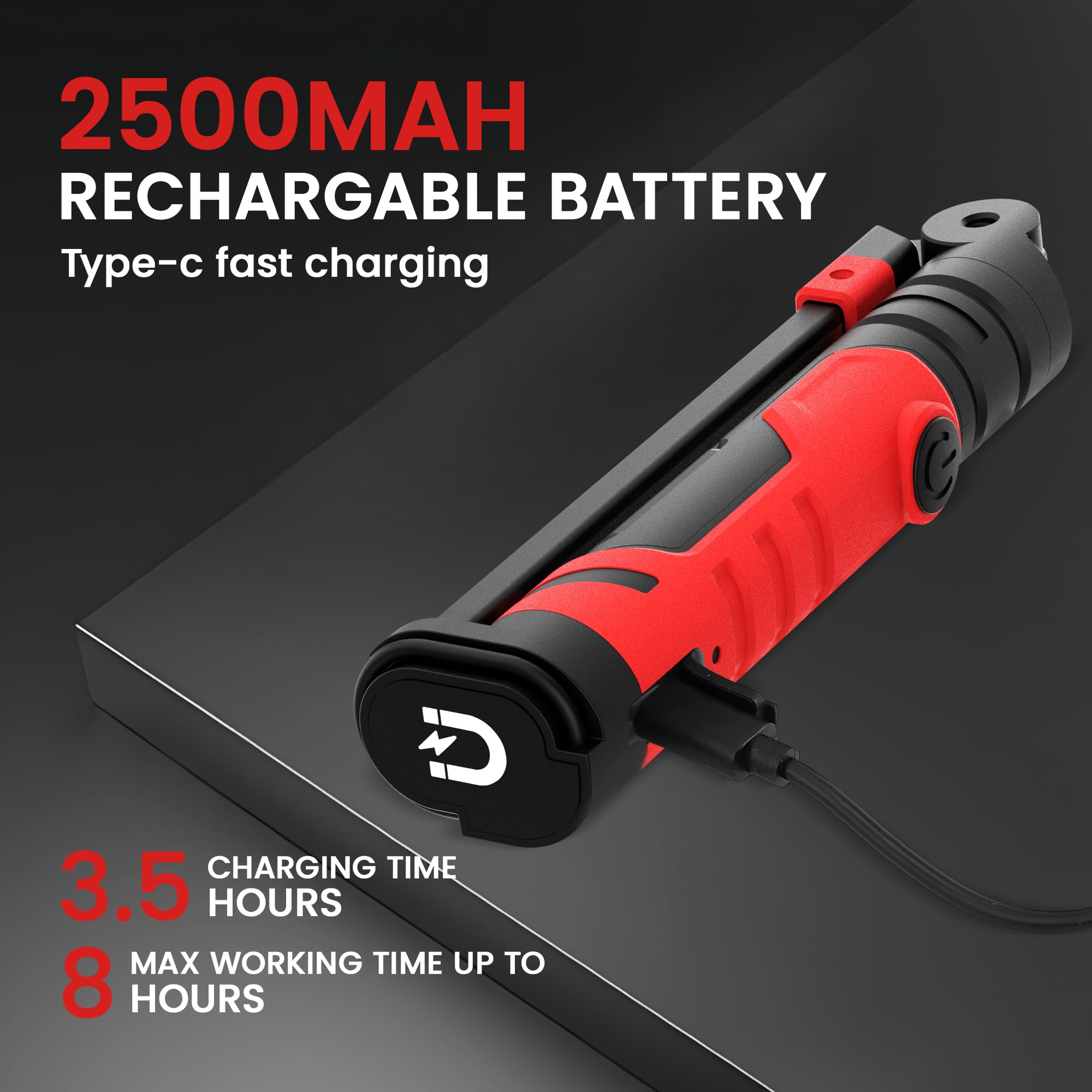 2 luci da lavoro ricaricabili – 2500 mAh pieghevole magnetica a LED da lavoro torcia esterna con 3 modalità di illuminazione luce meccanica per riparazione auto/emergenza