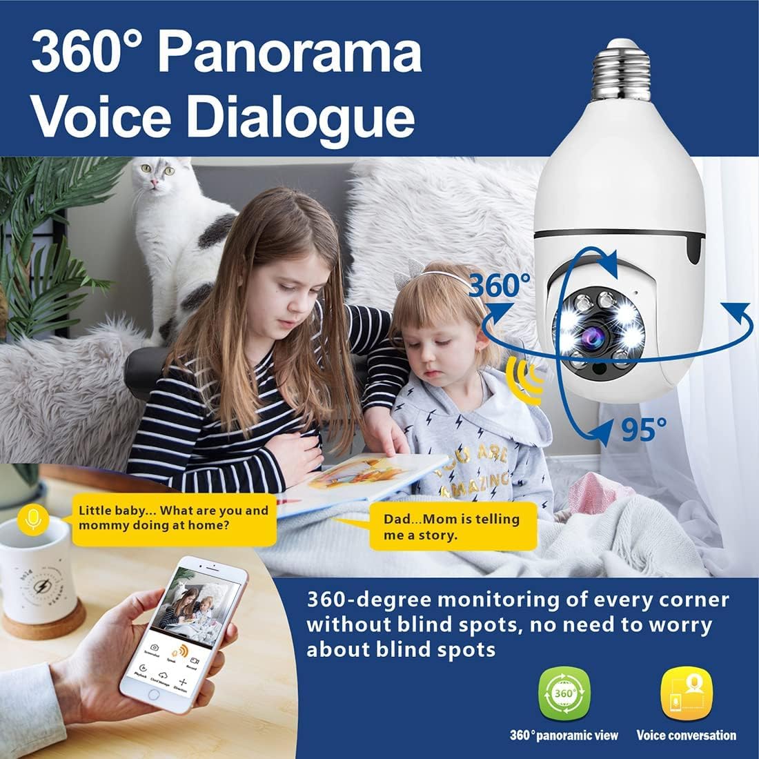 3MP Bulb Camera, 360°HD Light Bulb Security Camera Outdoor Indoor Full Color Day and Night,Two-Way Talk Audible Alarm, Lightbulb Support 2.4Ghz WiFi Motion Detection, Cloud Service Free Trial 1 Month