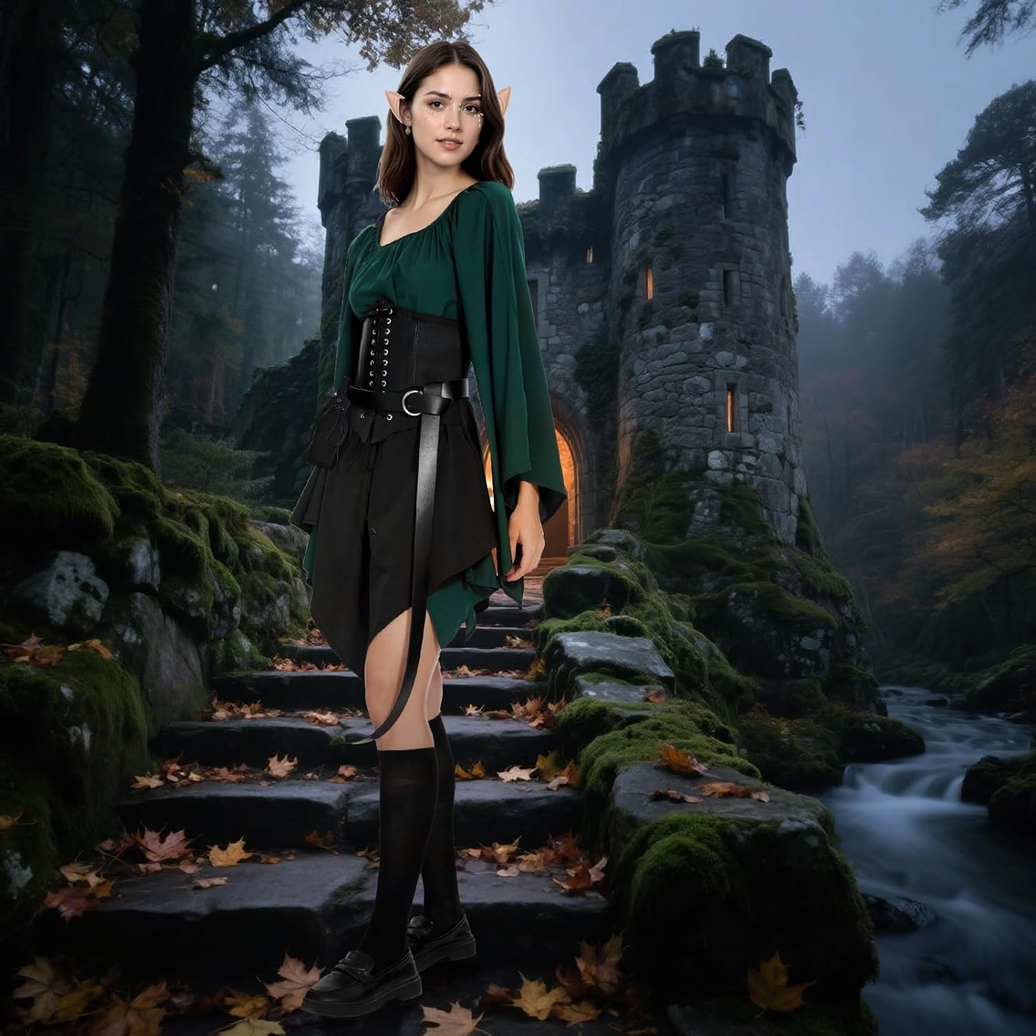 7Pcs Women Elf Renaissance Costume Traditional Irish Dress Fairy Costume for Halloween Cosplay - Image 5