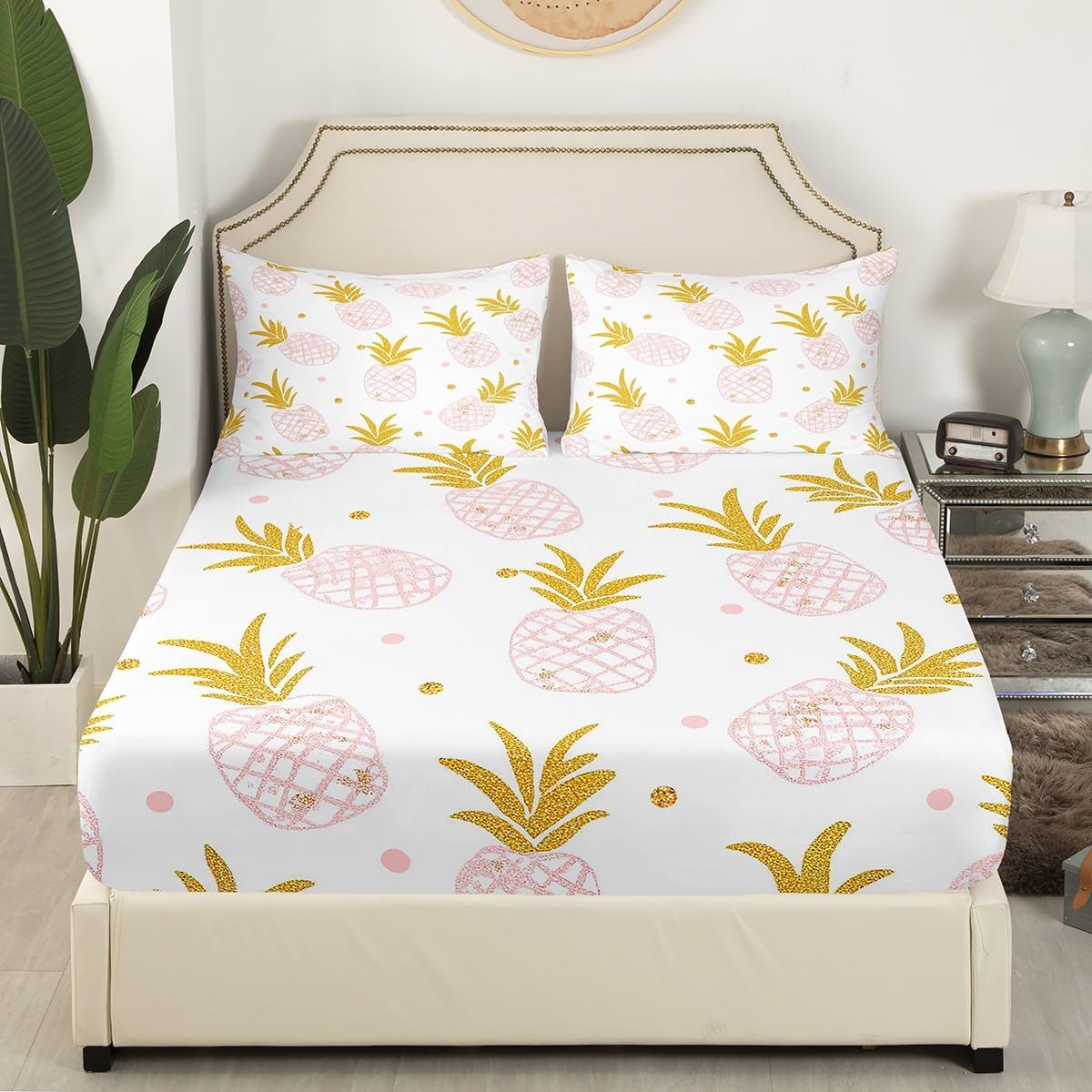 Feelyou Pineapple Sheet Set for Girls Kids Cute Pink Tropical Fruit Bedding Set Room Decorative Golden Polka Dots Bed Sheets Pineapple White Bed Sheet Set Queen Size 4Pcs Bed Set