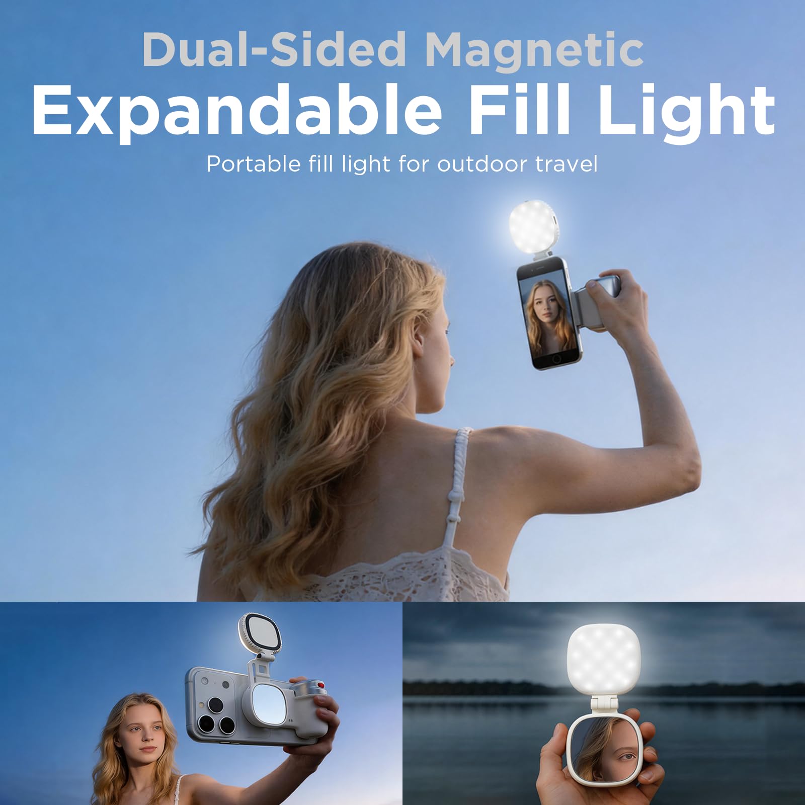 Impugnatura magnetica per fotocamera del telefono + kit di luci magnetiche per selfie compatibile con iPhone Magsafe/Android con telecomando wireless staccabile e comodo gancio portachiavi
