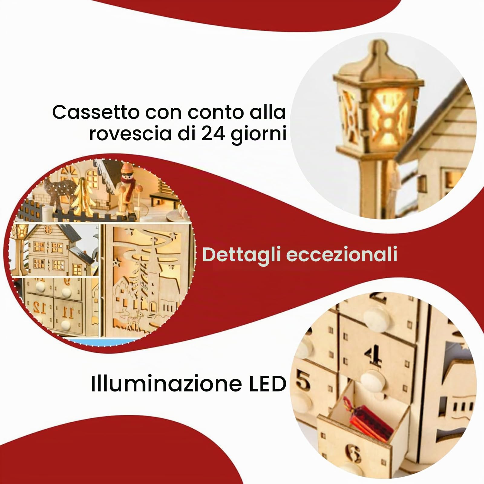 Calendario dell'avvento in legno con 24 cassetti, illuminato a LED, calendario dell'avvento con musica, calendario dell'avvento vuoto da riempire con conto alla rovescia, regali per le vacanze