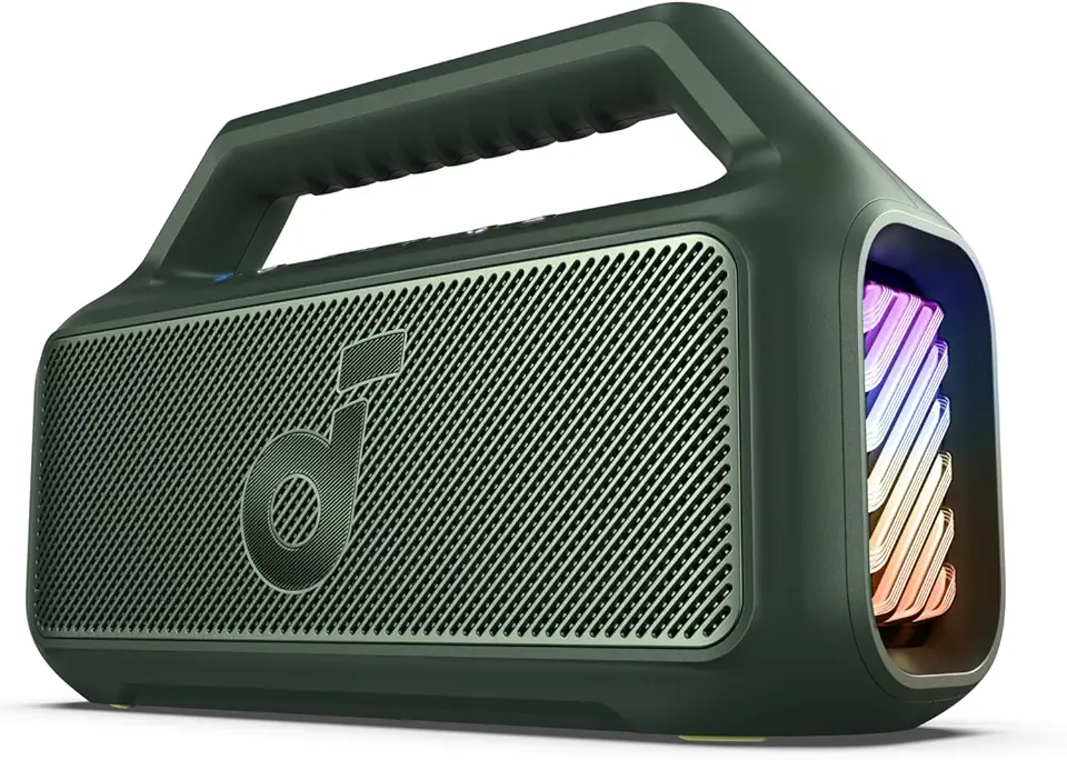 Soundcore Boom 2 da Anker Caixa de Som Portáteis Bluetooth, 80W, Subwoofer, BassUp 2.0, 24H, IPX7, Flutuante, Luzes RGB, USB-C, Equalizador Personalizado, Portátil para Camping e Praia, Verde