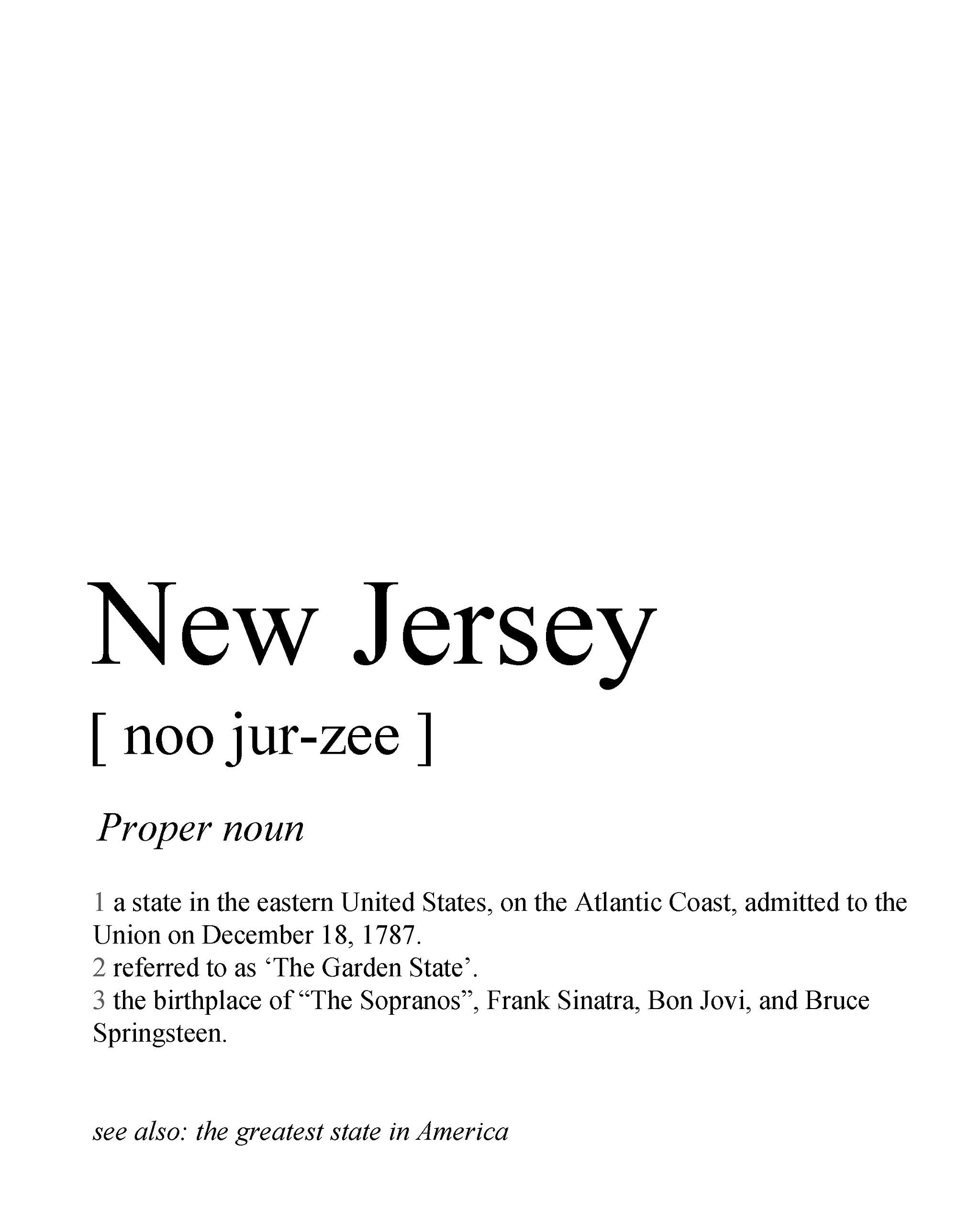 K&L DESIGN CO. NJ Wall Decor - 8x10 UNFRAMED Print - Definition Of 'New Jersey' Funny Black & White Typography Wall Art - NJ Gifts And Souvenirs For