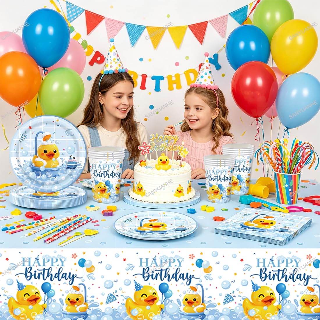 61 Pezzi Decorazioni Compleanno Paperella Gialla,Stoviglie per Feste Animali Anatra,SANYUANHE Festa per Bambini Duck,Tema Animali Piatti Tazze Tovaglioli Tovaglie