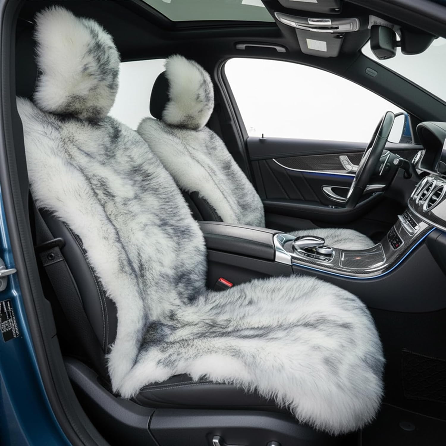 Gracefur 2 Pack Genuine Sheepskin Seat Covers, Long Wool Fluffy Fuzzy Front Car Seat Covers, Easy to Install, Airbag Compatible Universal Fits for SUV, Trucks, Cars (Grey)