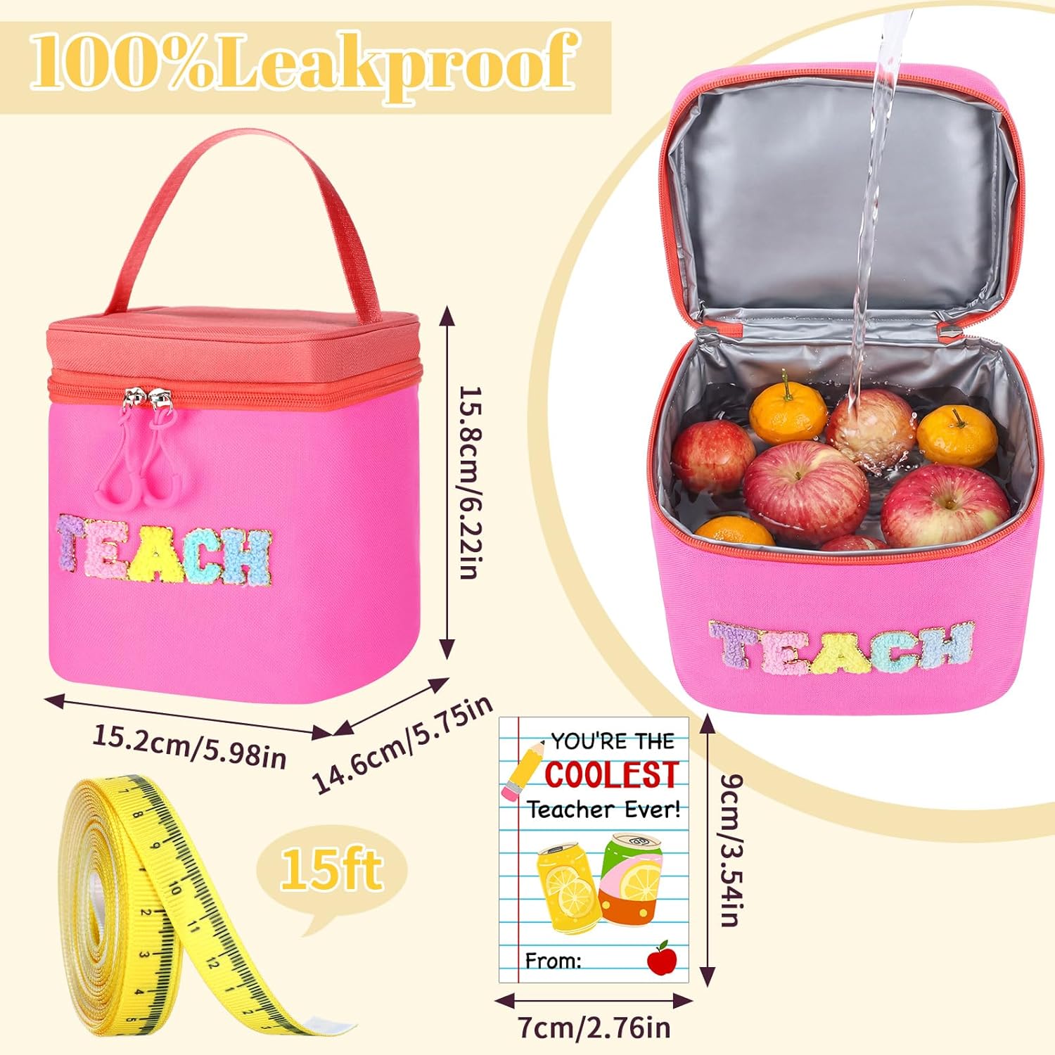 Summer Teacher Appreciation Gifts Teach Chenille Letter Cooler Bag with Ribbon Thank You Tag Wooden Clamp Cooler Bag for End of Year Graduation Teacher Gift from Student