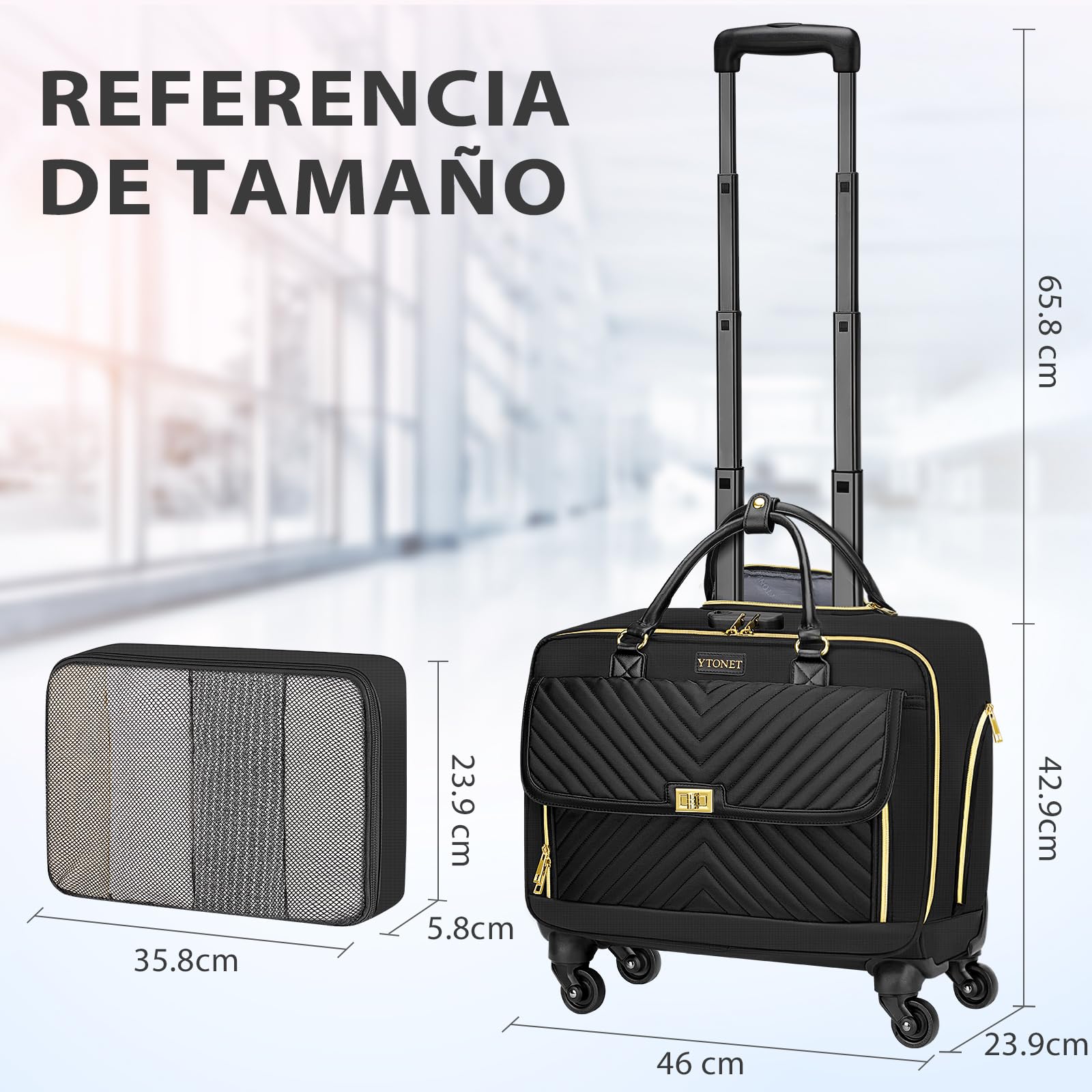 Ytonet Maletin con Ruedas para Mujer, Maletin con Ruedas Trabajo Antirrobo Gran Capacidad 47L Bolsa de Viaje para Portatil 17.3 Pulgadas con Candado TSA, para Trabajo, Viajes, Negocios, Negro