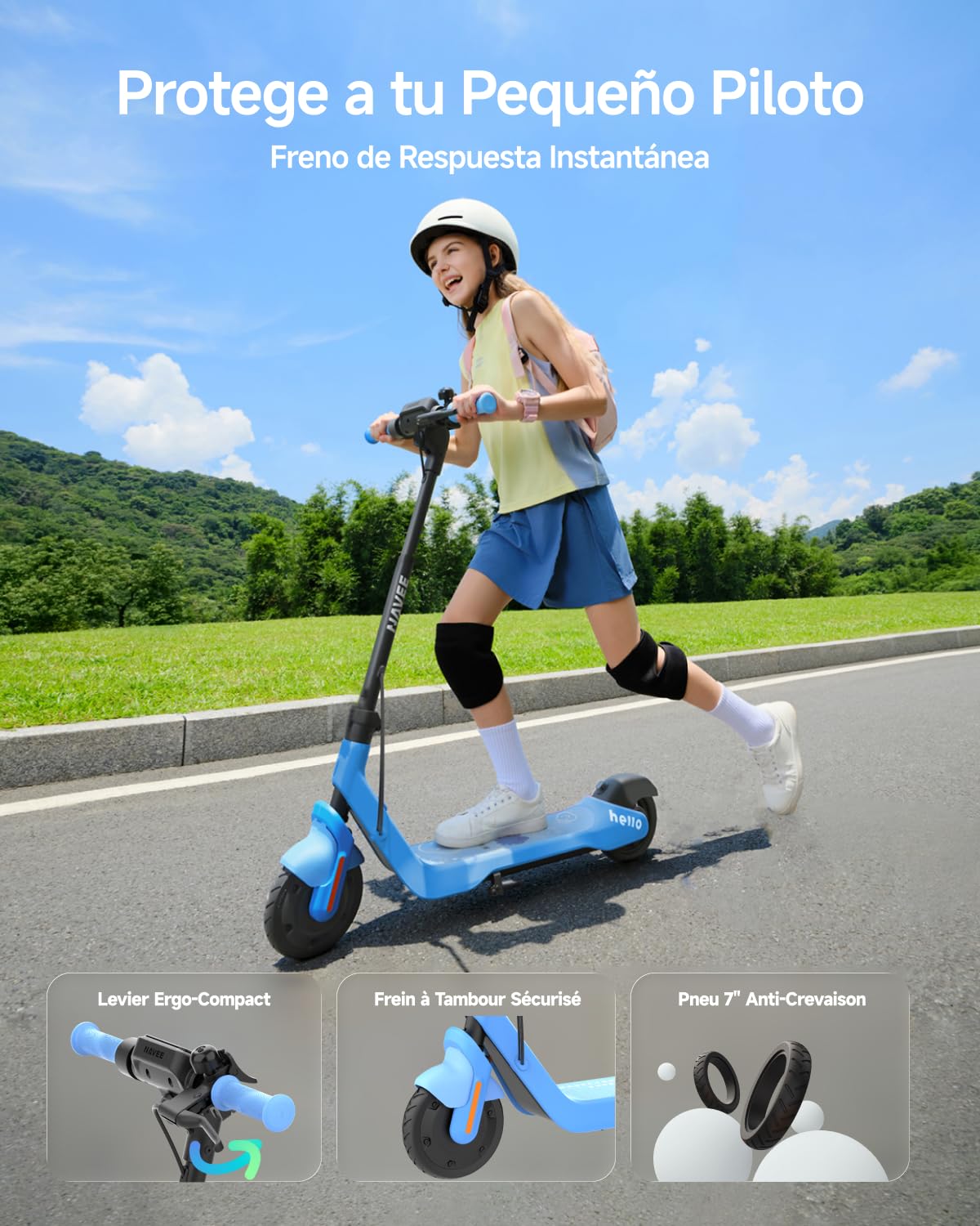 NAVEE K100 Patinete Eléctrico para Niños, Control Parental vía App | Autonomía de 14 km, 3 Modos de Velocidad 16 km/h, Luces RGB, Neumáticos Macizos de 7", para Niños de 6 a 10 Años