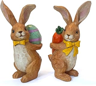 LIFFY Easter Bunnies Statue Home Decor - Charming Hand Painted Resin Rabbit Figurines with Flower, Pretty Spring Home Decor & Gift (Brown)