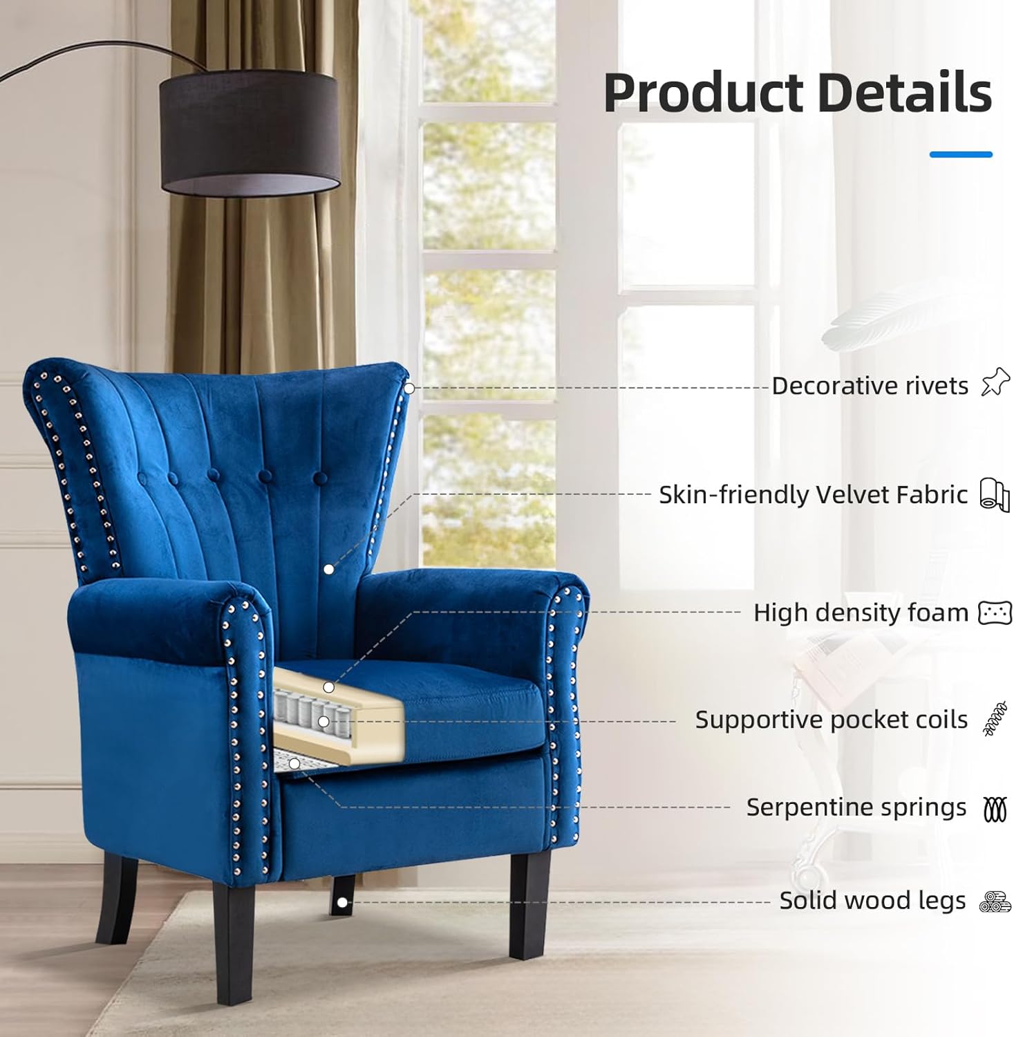 Velvet Accent Chair Single, Modern Armchair with Riveted Decorative Mid-Century High Back Reading Chair Sturdy Sofa Chair for Living Room Bedroom Home Office, Blue