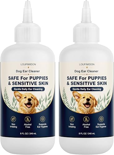 2x8FL OZ Dog Ear Cleaner Wax Removal | Safe for Puppy Sensitive Skin Gentle Daily Ear Care, Wash Clean Solution for Routine Maintenance with 50 Finger Wipes 8Fl OZ