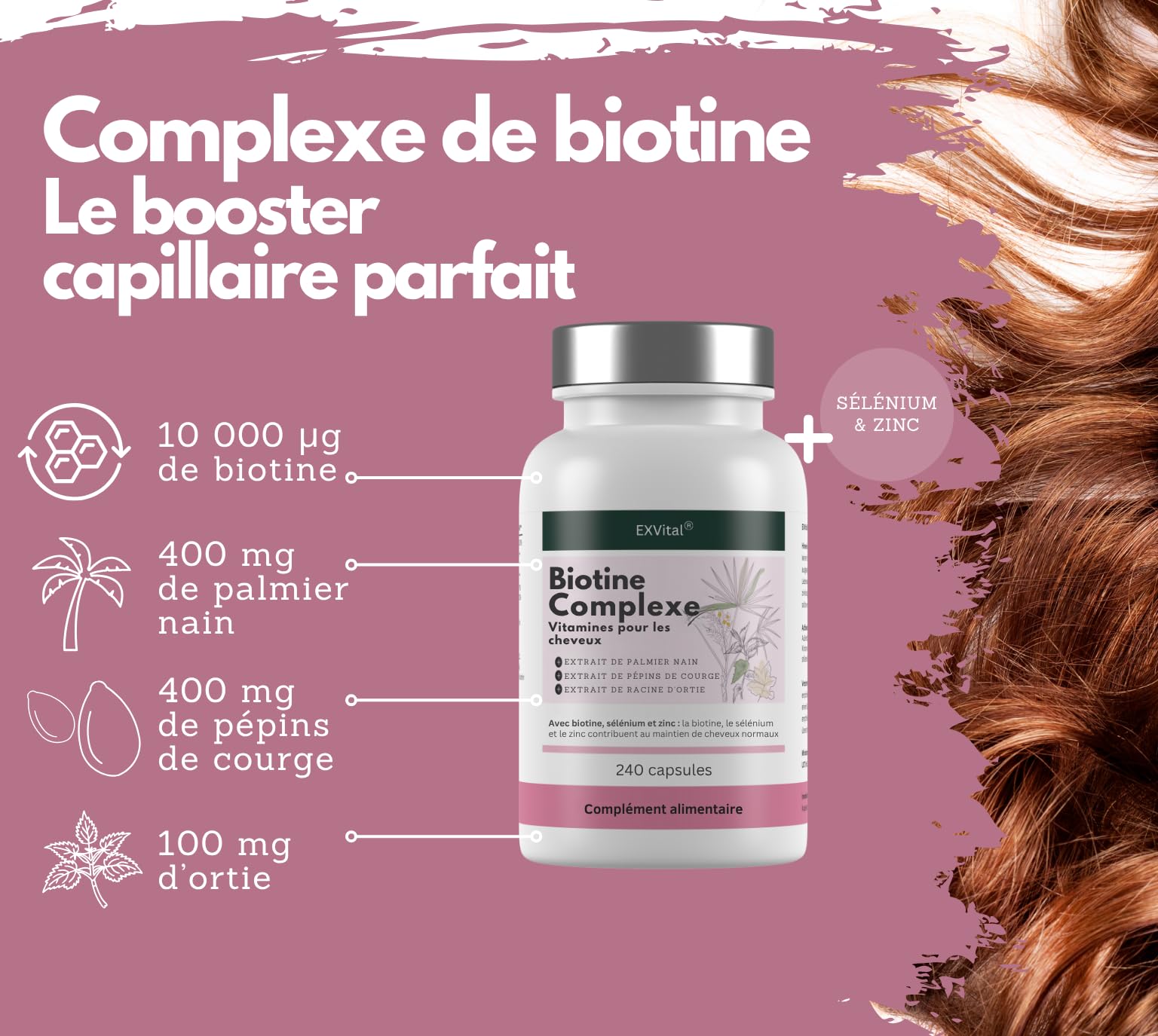EXVital Biotine Complexe, Vitamines pour les cheveux, Avec extraits de palmier nain, de pépins de courge et de racine d’ortie, 240 capsules véganes, enrichies en sélénium et zinc, testé en laboratoire