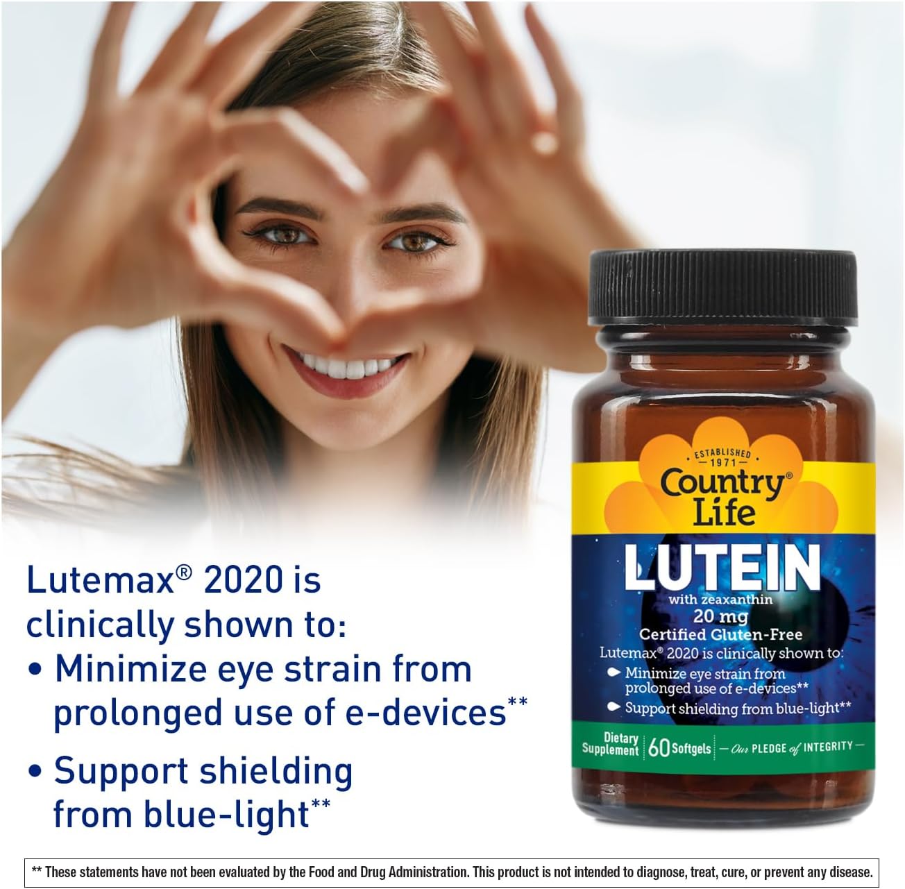 Country Life Lutein 20 mg Supplement - Certified Gluten-Free - Eye Health Support with Lutein and Zeaxanthin - Reduces Eye Strain from Screens - No Yeast, Corn, Wheat, Milk - 60 Softgels - Image 5