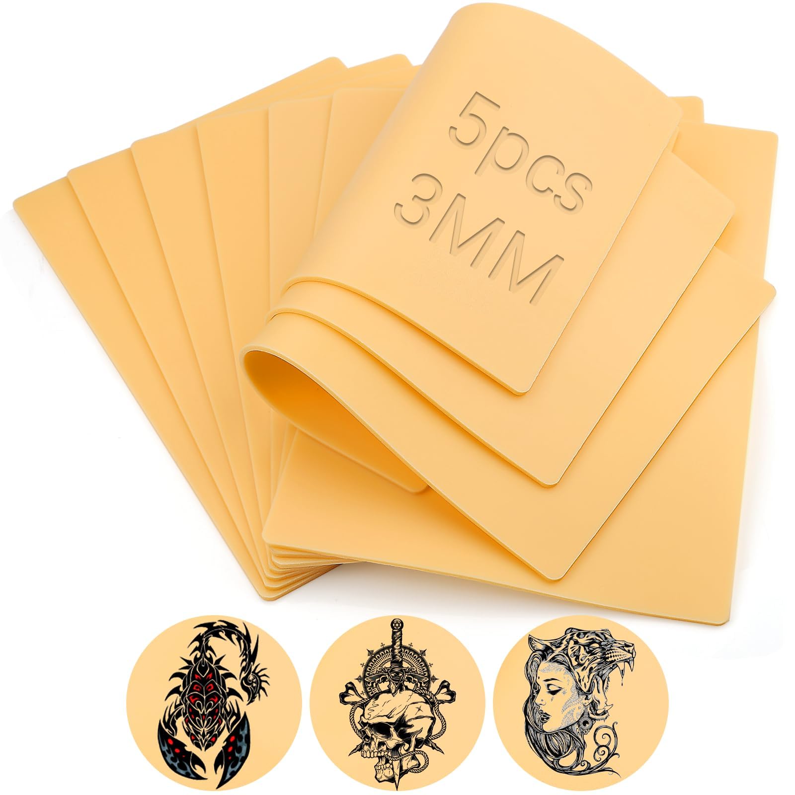 200 x 297 mm A4 Peau Synthétique Tatouage 3mm de Pratique 5 Pièces Fausse Peau Tatouage pour Débutants et Artistes Kit Tatouage Teint