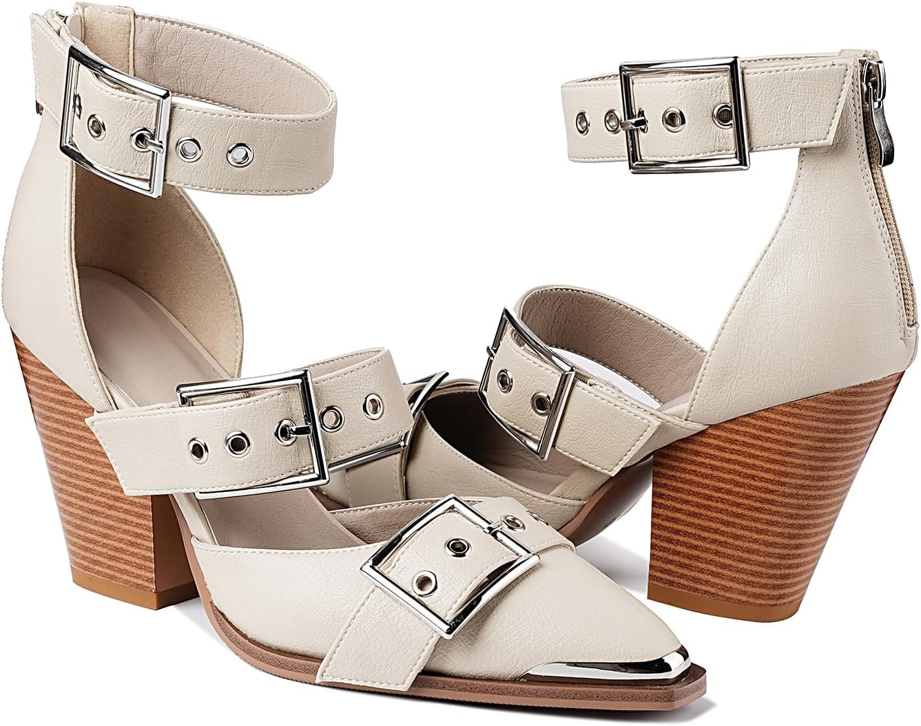 Western Sandals for Women Chunky Wedge Heels Pointed Toe Pumps Ankle Strap Metal Buckle Strappy Heels Comfortable Fashion Casual Dress Shoes 8.5 Beige image 7 of 7 B0F47XSPYV