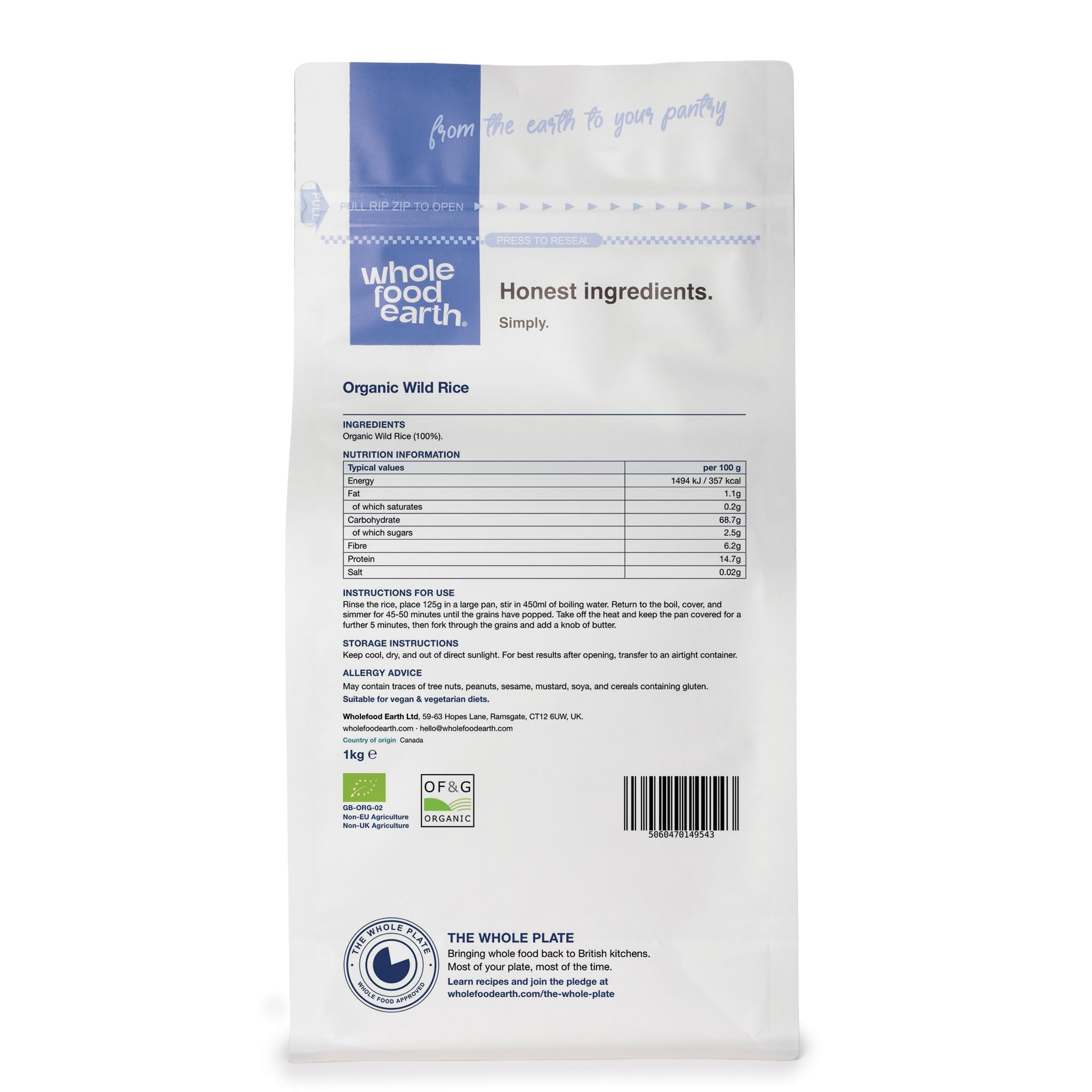 Wholefood Earth Organic Wild Rice 1kg GMO Free | EcoSocial | Vegan | Raw | Source of Fibre | Source of Protein | Certified Organic