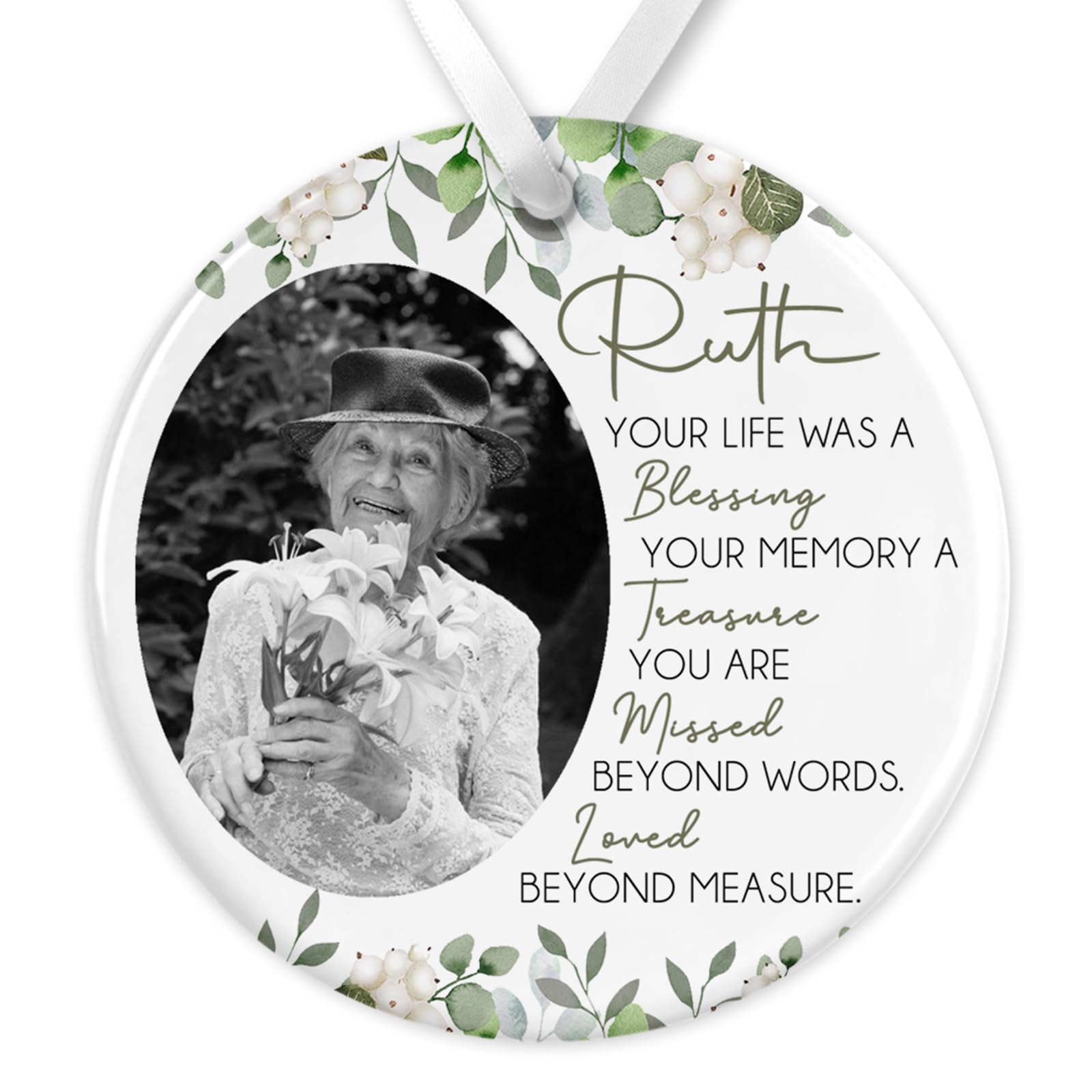 Memorial Christmas Bauble | Memory Ornament | Memorial Keepsake Christmas Bauble | Memory Photo Ceramic (Floral Poem)