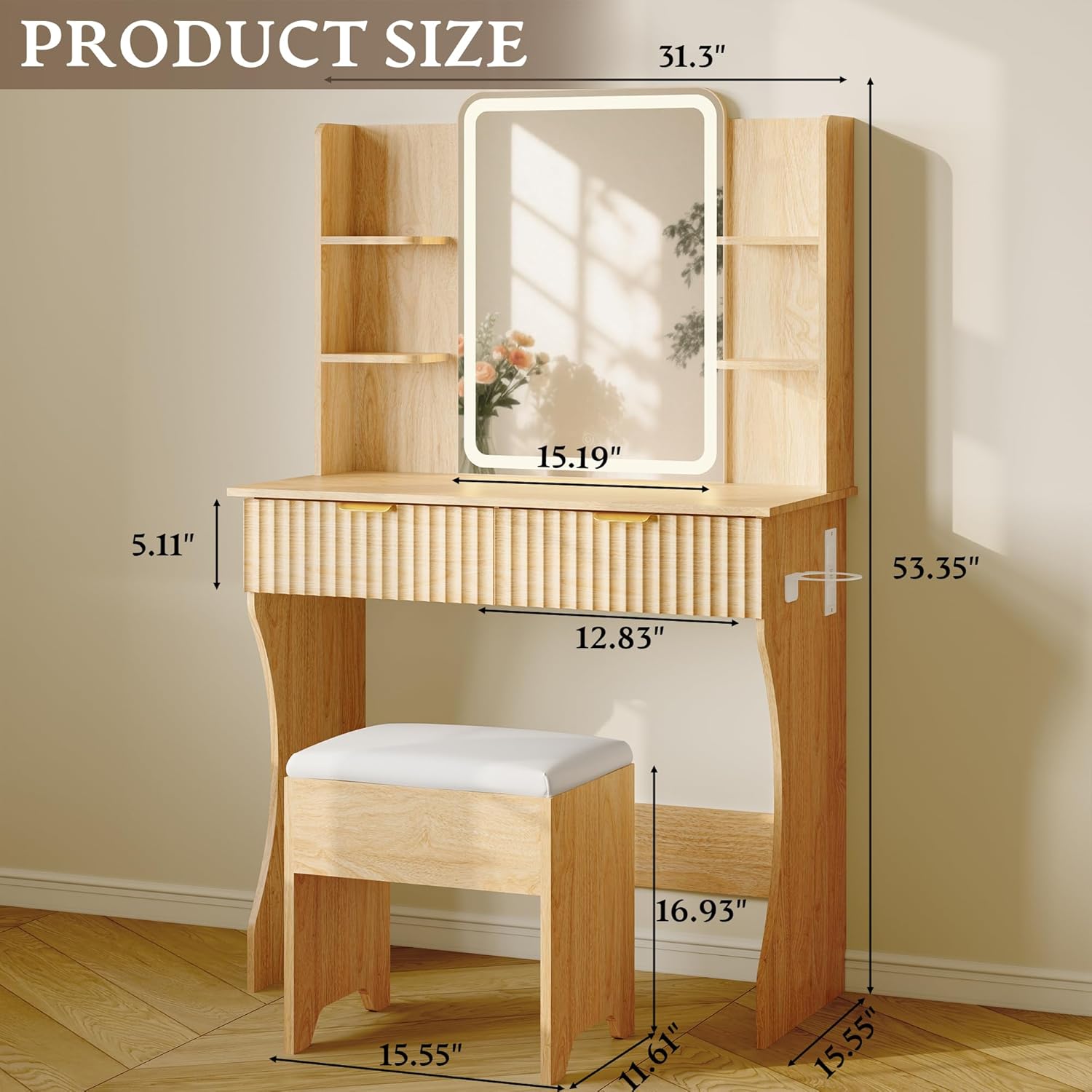 Makeup Vanity Desk with Mirror & Lights, Small Vanity Table Set for Girls with Chair & Power Outlet, Fluted Dressing Table with 2 Drawers & 4 Storage Shelves, Adjustable RGB Lighting - Wood