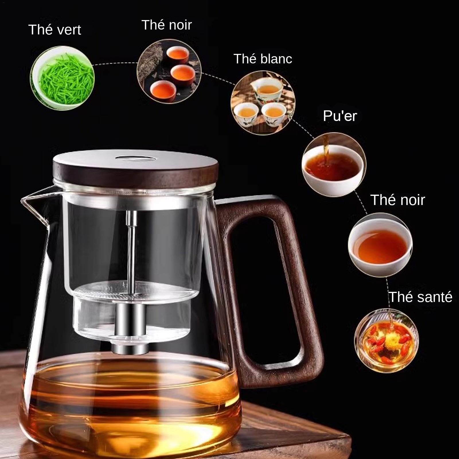 Enchantipot Théière en Verre 800ml Avec Séparation d'Eau et Poignée en Bois, Pot à Thé Magique Avec Contrôle de Presse et Infuseur, Filtration de Thé