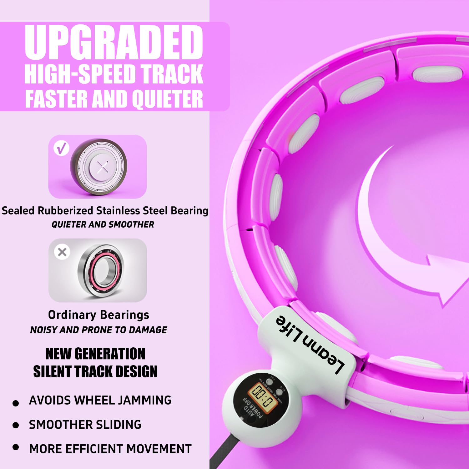 U5 Smart Hula Hoop ponderato con contatore - 16 nodi, 71,1 cm - 116,8 cm regolabile Infinity Hoop Plus Size, ruote gommate silenziose, allenamento addominale, fitness a casa e all'aperto