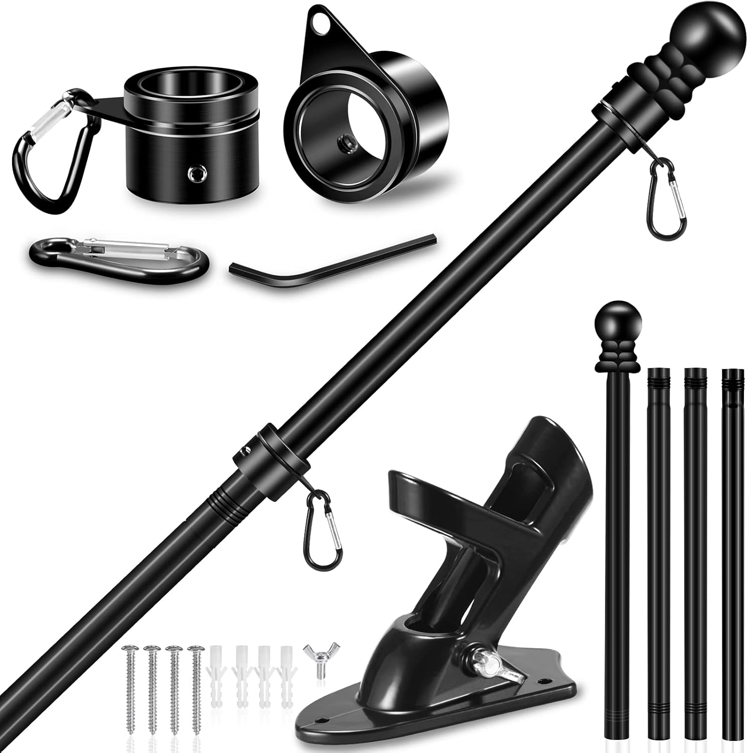 Upgraded Flag Pole Kit w/ 2-Position Bracket Holder & w/Spinning Rings - 5FT to 6Ft 1" Metal Flagpole Kit for 3x5 & 4x6 American Flag - House Yard Wall Mount Flag Pole (5 FT, Black) : Patio, Lawn & Garden