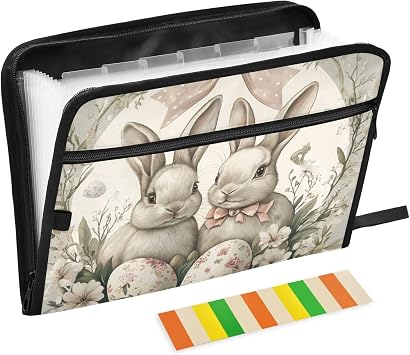 Floral Bow Bunny Rabbits Eggs Easter Accordion Folder 13 Pockets A4 Letter Size Plastic Folders with Zipper Closure for Librarian Stationery Supply