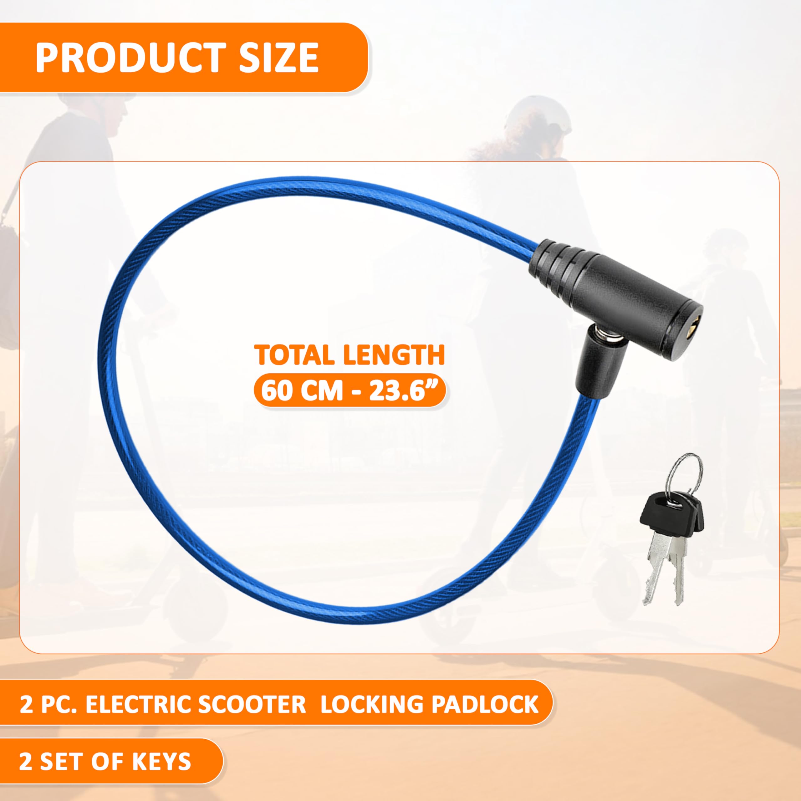 Sovica Electric Scooter Lock Double Security 2 Units Steel Cable 60 cm Advanced Lock with Key Safe Robust Practical Easy to Store Blue - Image 2