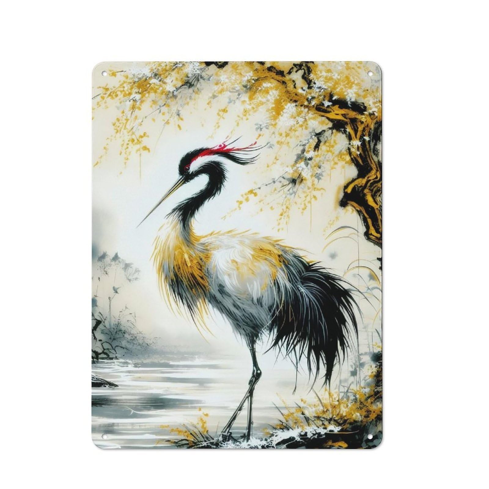 Crane in Watercolors Metal Wall Sign 40x30cm, Modern Retro Loft Wall Plaque for Flat, Bar, Studio Or Gallery Wall