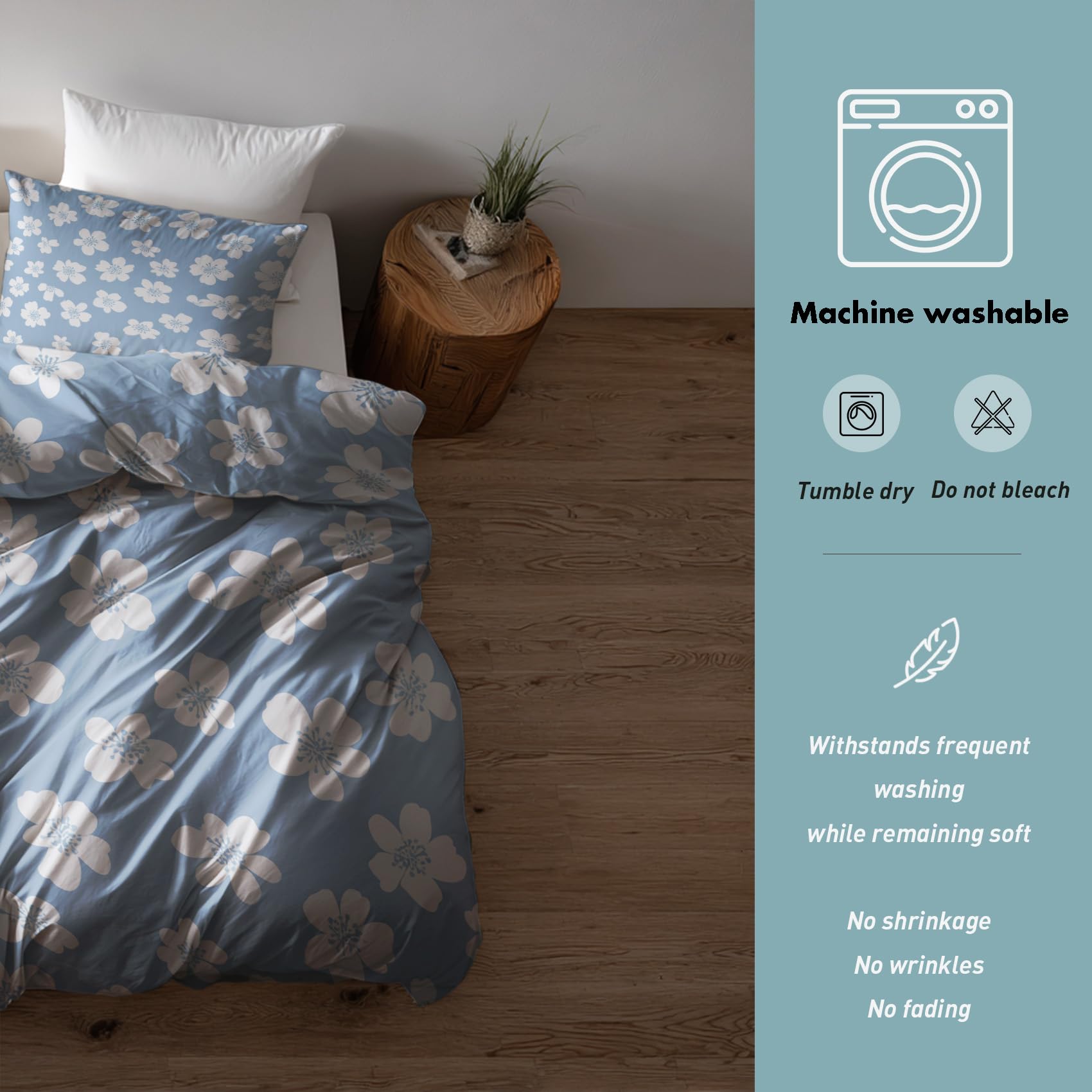 Generisch Bettwäsche 155x220 Blumen Blau Motiv, Schlafzimmer Deko Wendebettwäsche 2tlg, Shabby Chic Blumenmuster Bettbezug & 1 Kissenbezug 80x80, Weiche Mikrofaser, mit Reißverschluss -l494