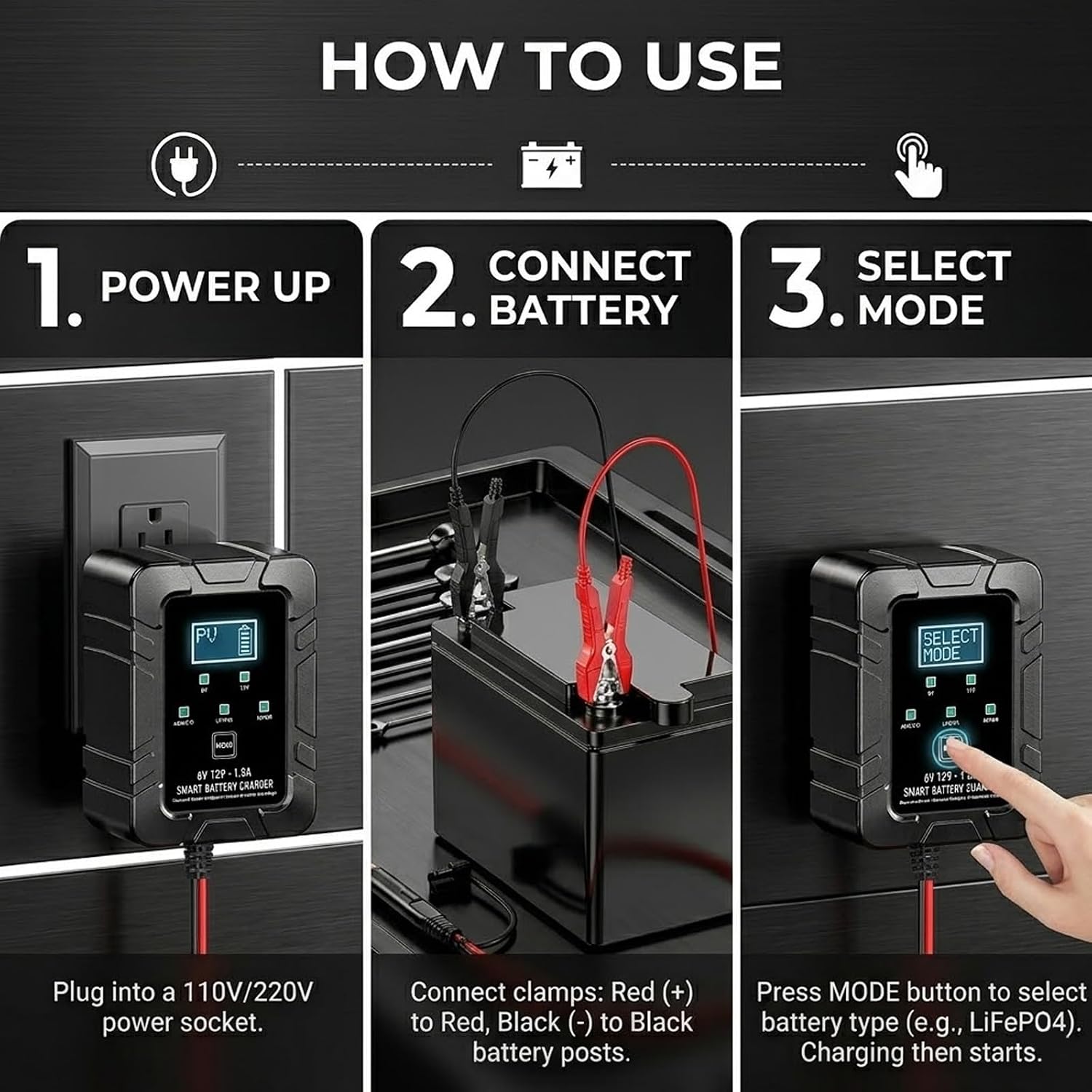 6v 12v smart Automatic Battery Charger Intelligent Recognition Pulse desulfator for rv Truck car Motorcycle Marine trickle maintainer Repairer with led Display Sensor Accessories(Black)