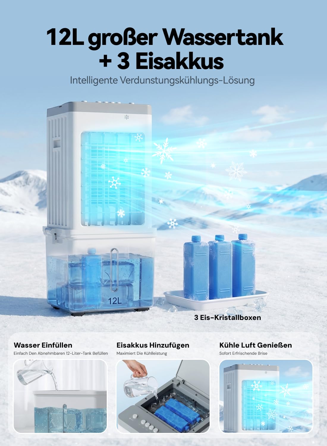 Climatiseur Mobile, Rafraîchisseur d’Air 3-en-1, Refroidisseur Évaporatif, Réservoir 12L, 3 Vitesses, Oscillation 60°, 35dB Silencieux, Design Compact, Maison, Bureau, Adapté aux Animaux Domestiques