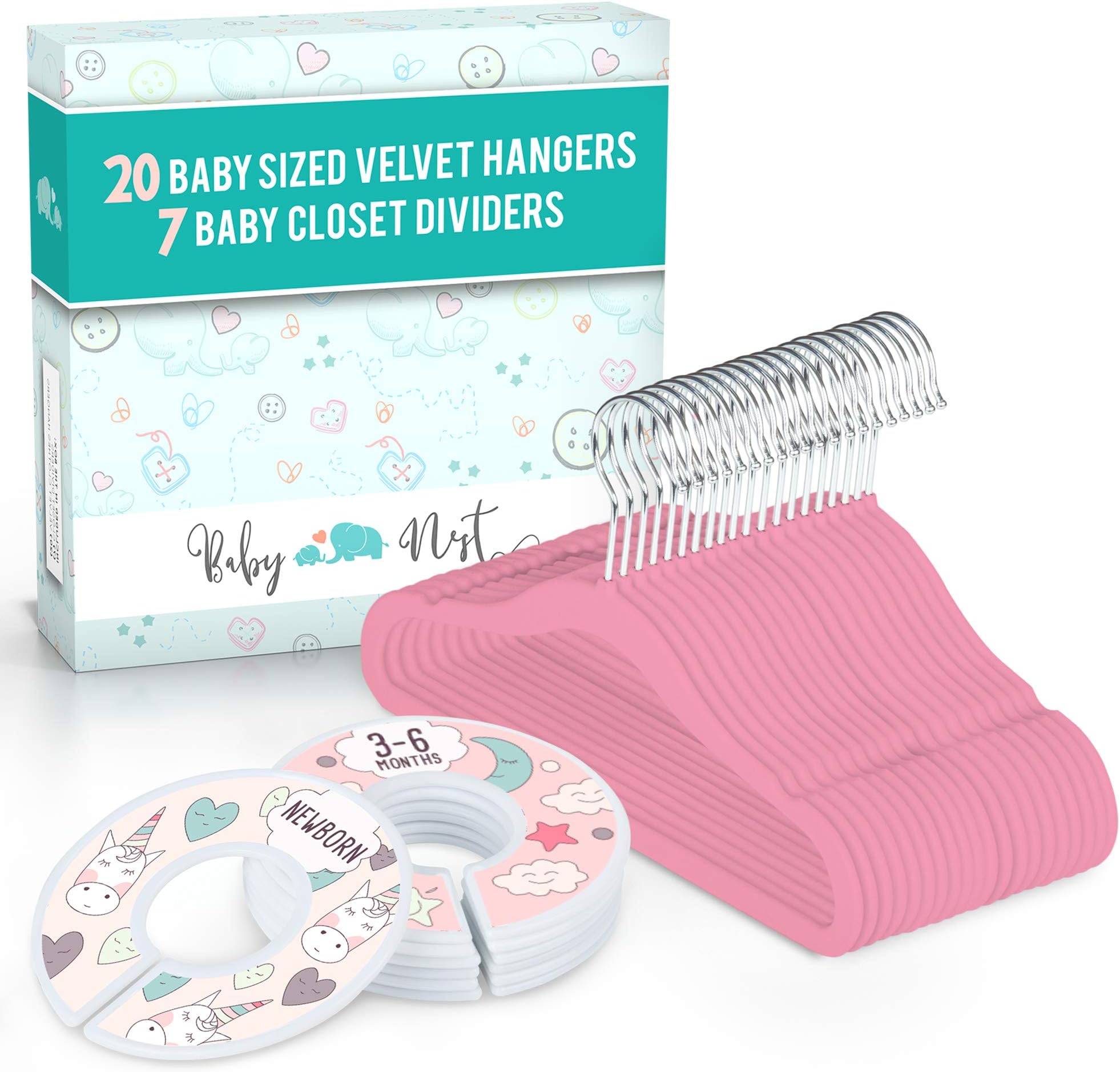 Baby Nest Designs Unicorn Baby Hangers and Wardrobe Dividers – Cute Nursery Organizer with 7X Baby Size Dividers (Infant Newborn Clothing to 24 Months) and 20x Velvet Hangers for Baby Clothes