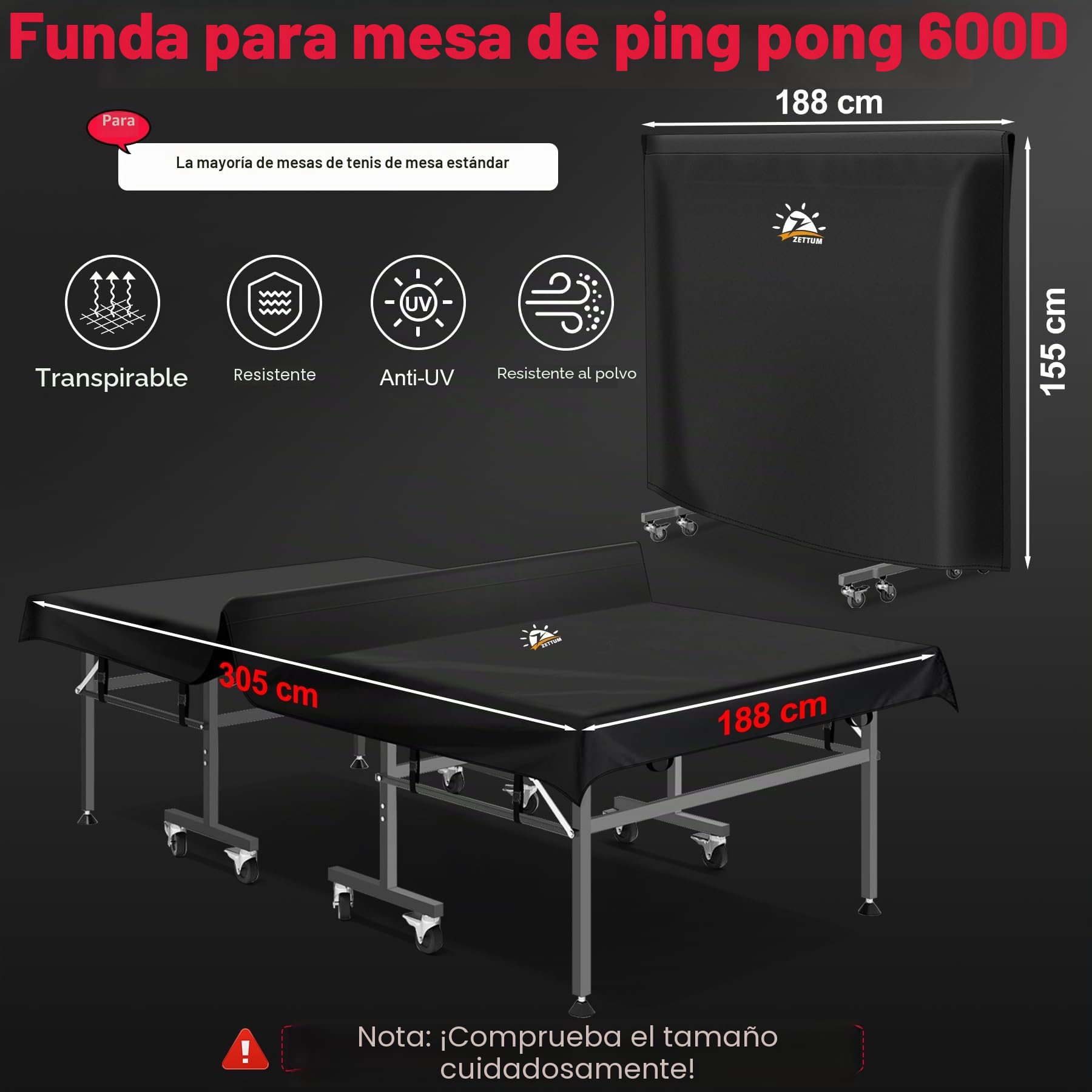 Zettum Funda de Mesa de Ping Pong 188 L x 155 A CM, 600D Oxford Impermeable y Protección Resistente Cubierta para Tenis de Mesa, Compatible con mesas plegables y estándar de ping-pong