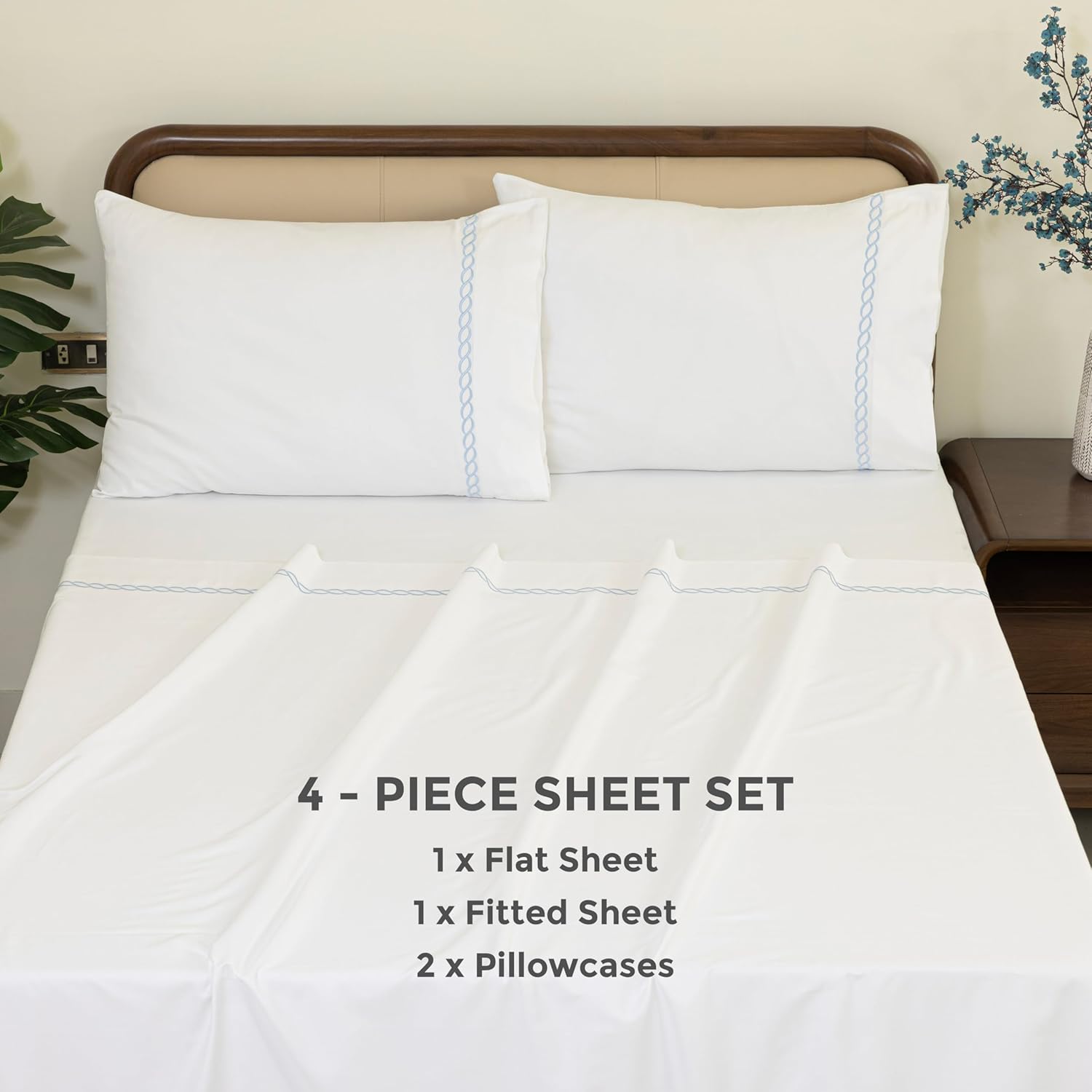 Dreamology Cotton Sheet Set -100% Cotton Sateen Weave Embroidered Queen Sheets,Cotton Sheets,16" Deep Pocket Sheet Set,4-Piece Include 1 Fitted Sheet,1 Flat Sheet & 2 Pillowcases (Rope Sky Blue)