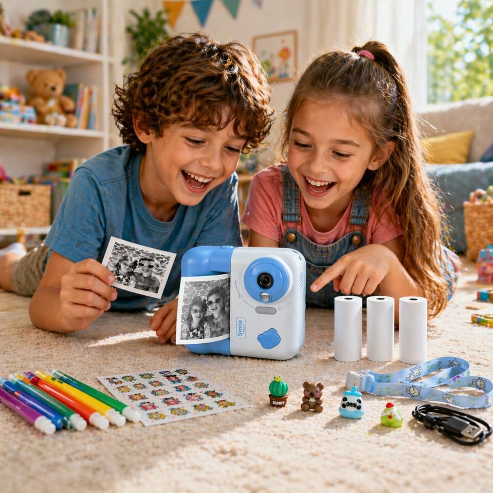 Cámara infantil de impresión instantánea, 48 MP, vídeo de 1080p, pantalla de 2,4 pulgadas, azul, con juegos y reproductor de audio, 3 rodillos incluidos