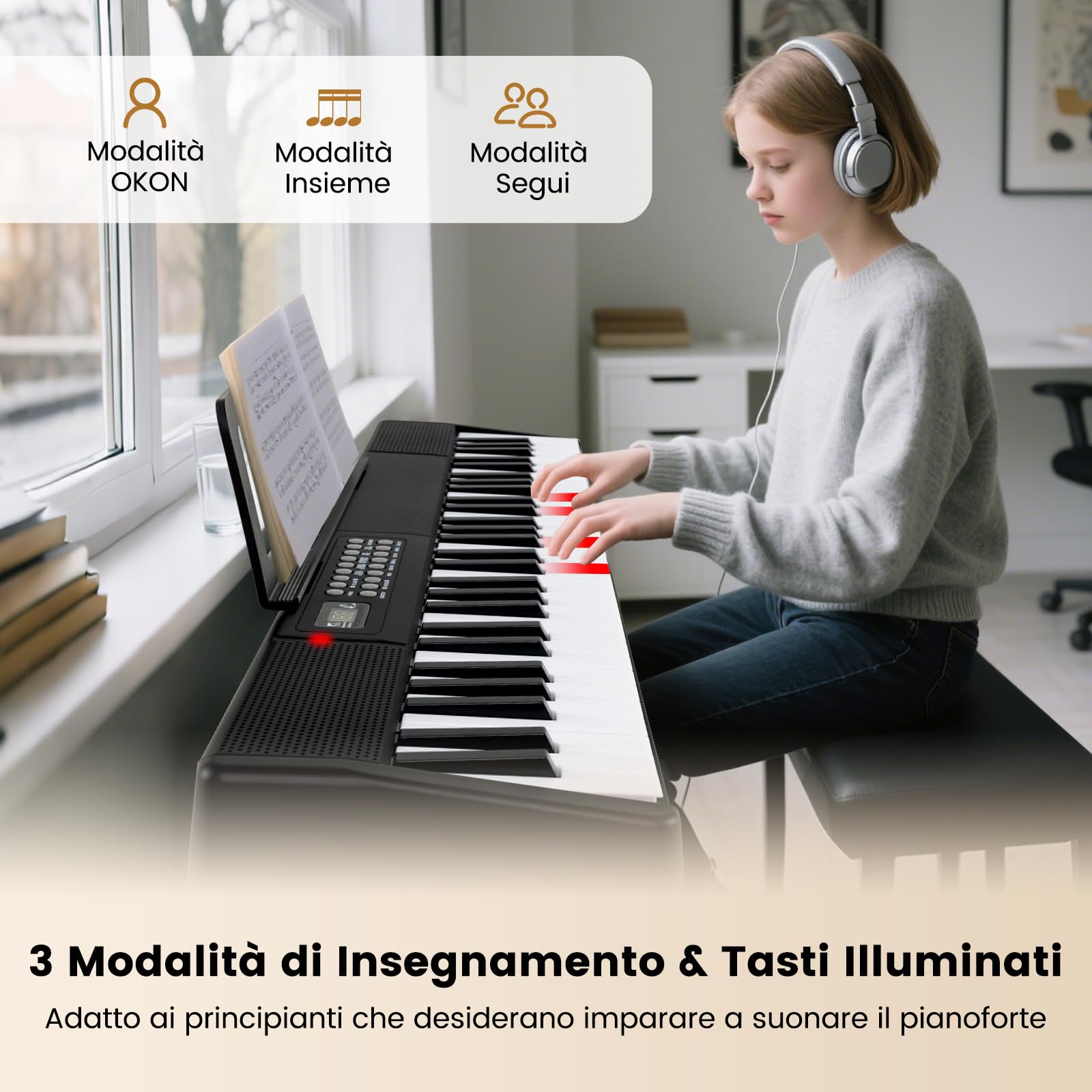 COSTWAY Tastiera Pianoforte a 61 Tasti, Pianoforte Elettronica Pieghevole, con Funzione Split, 3 Modalità di Insegnamento, Pianoforte Digitale Portatile con Doppi Altoparlanti, MP3/USB/MIDI, Nero