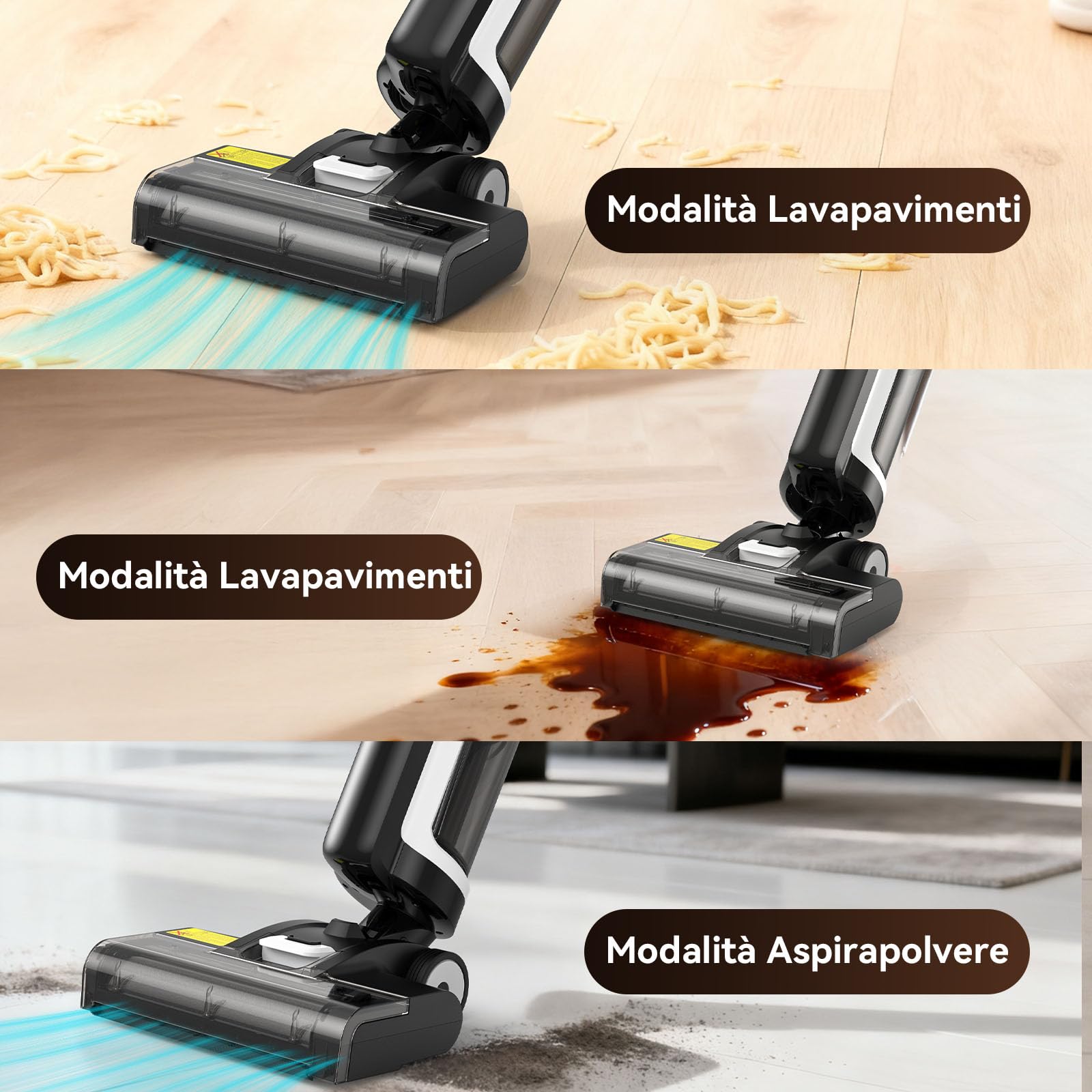 W12SE Aspirapolvere Lavapavimenti Senza Fili, Lavasciuga Lava e Aspira Pavimenti, Autopulente, Autonomia, Autonomia 45 min, Anti-intreccio capelli, Disinfezione Elettrolitica, 1.15L Doppio Serbatoio